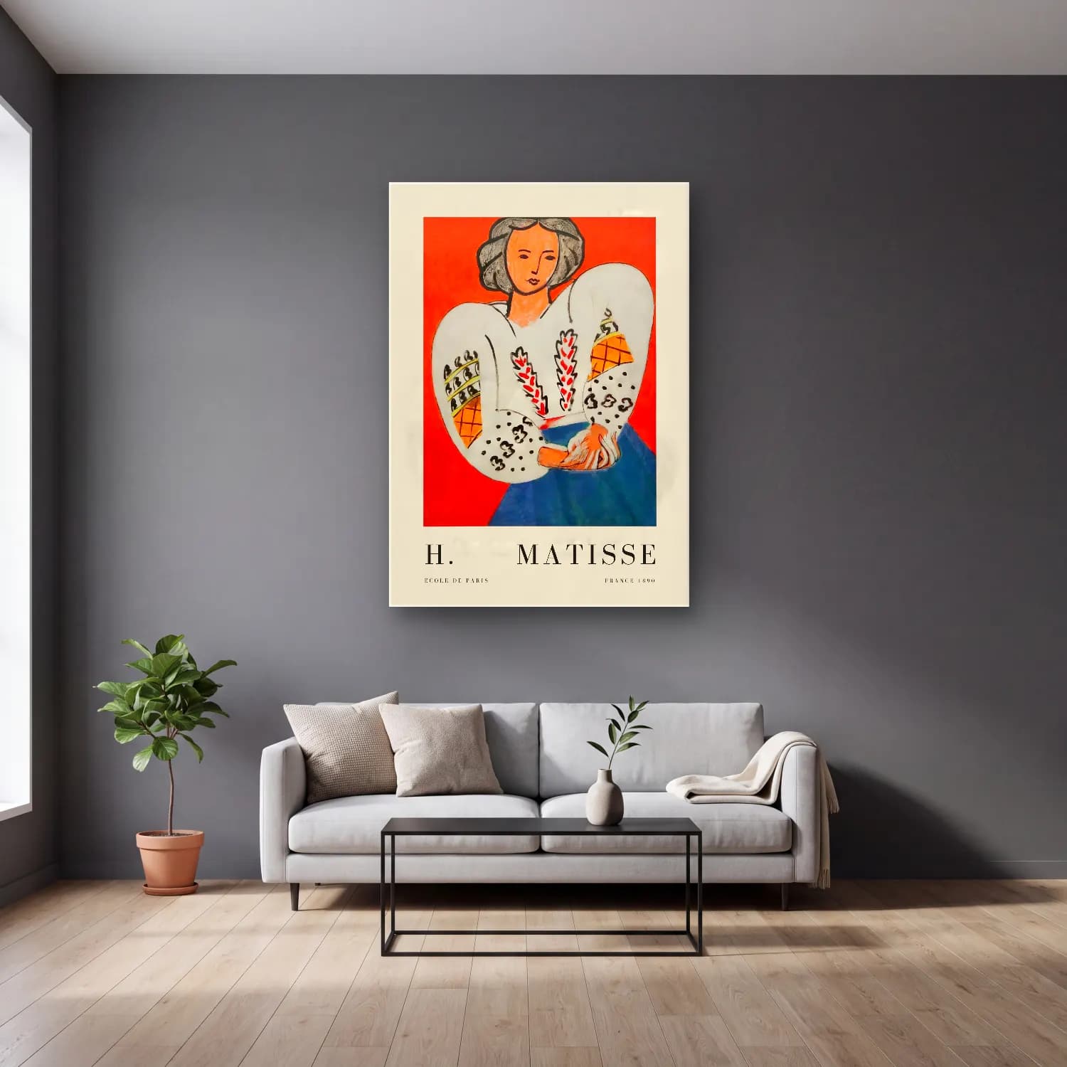 Vintage Poster Elbiseli Kadın No. 58 cam tablo — gri duvarlı salonda