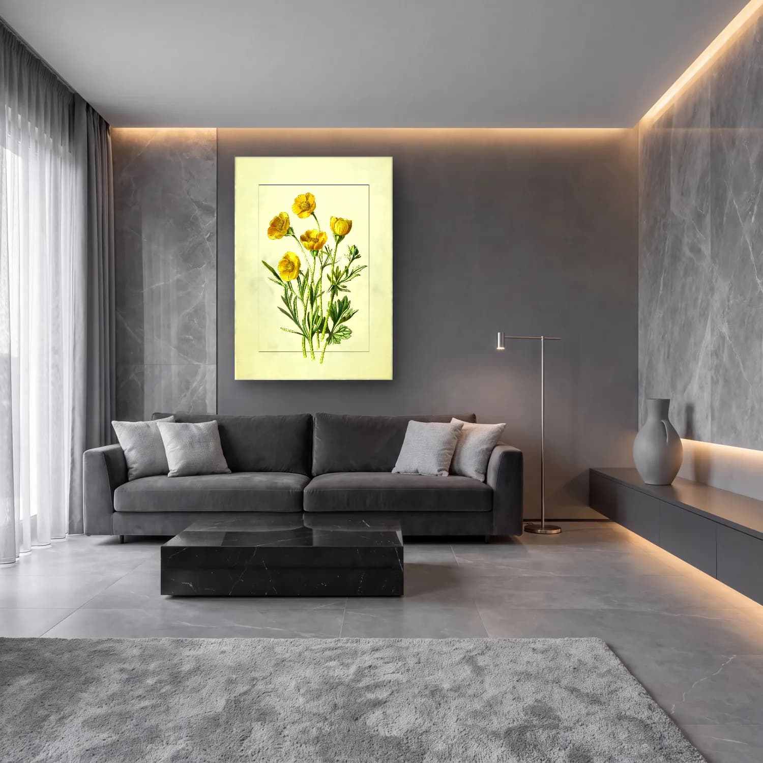Botanik İllüstrasyon Kır Çiçekleri No. 73 cam tablo — lüks salon duvarında