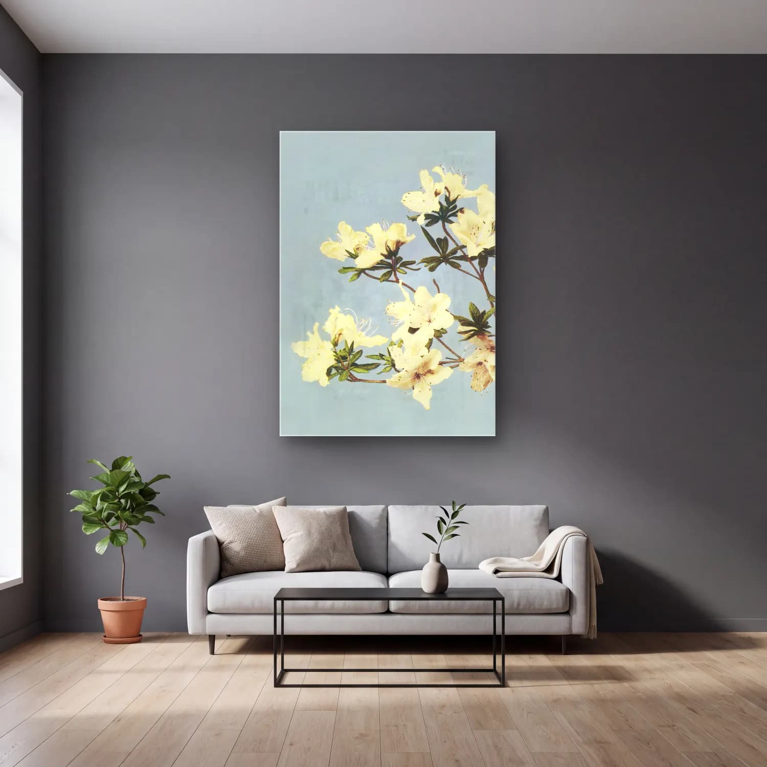 Pastel Çiçek Deseni No. 230 cam tablo — gri duvarlı salonda