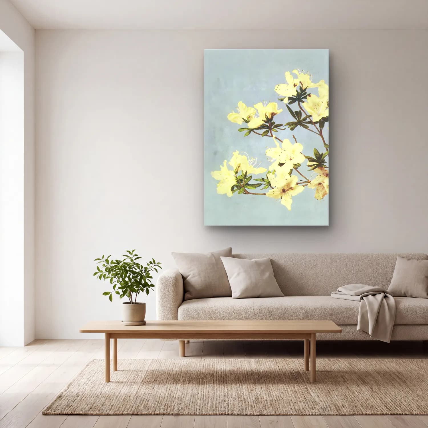 Pastel Çiçek Deseni No. 230 cam tablo — açık renk salonda