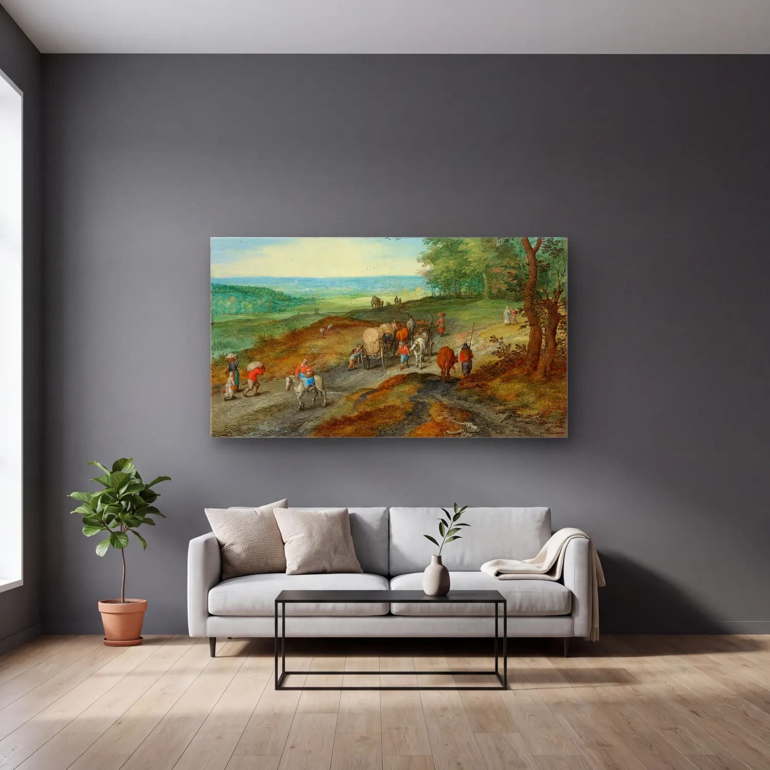 Jan Brueghel The Elder – A Panoramic Landscape With A Covered Wagon cam tablo — gri duvarlı salonda