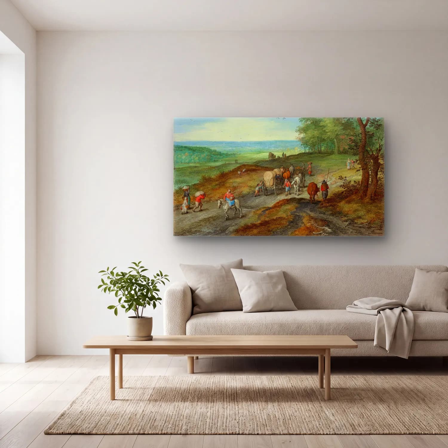 Jan Brueghel The Elder – A Panoramic Landscape With A Covered Wagon cam tablo — açık renk salonda