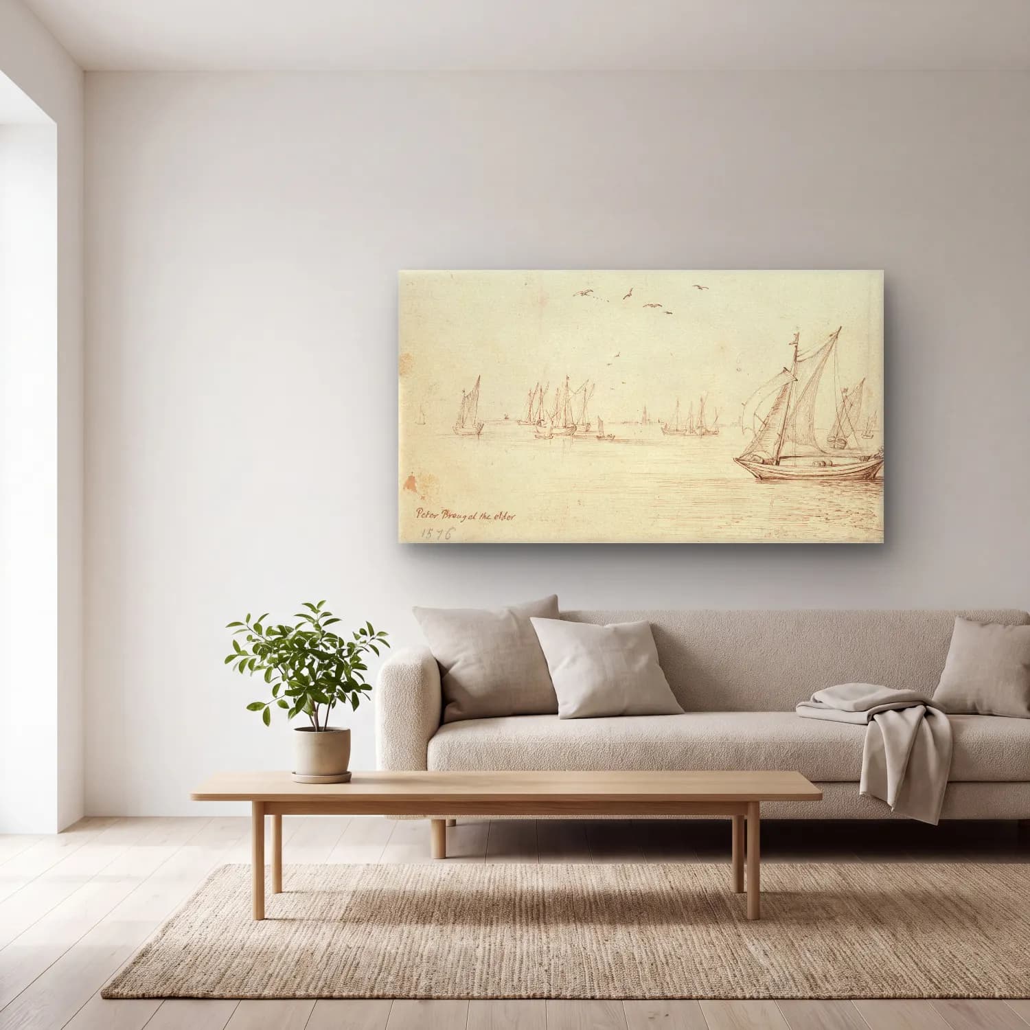 Jan Brueghel The Elder – Sailboats, A City in the Distance cam tablo — açık renk salonda