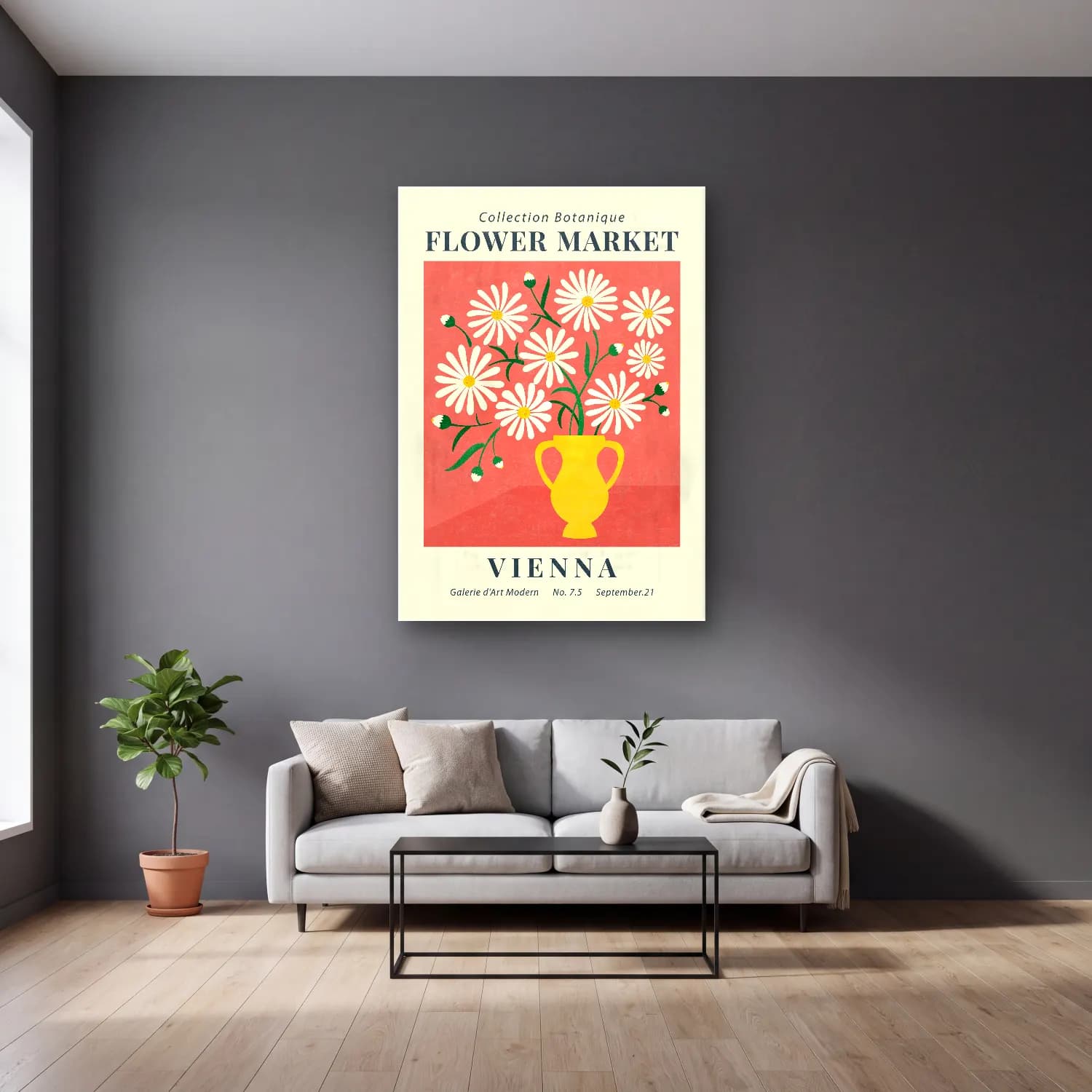 Vintage Poster Çiçek Pazarı No. 8 cam tablo — gri duvarlı salonda