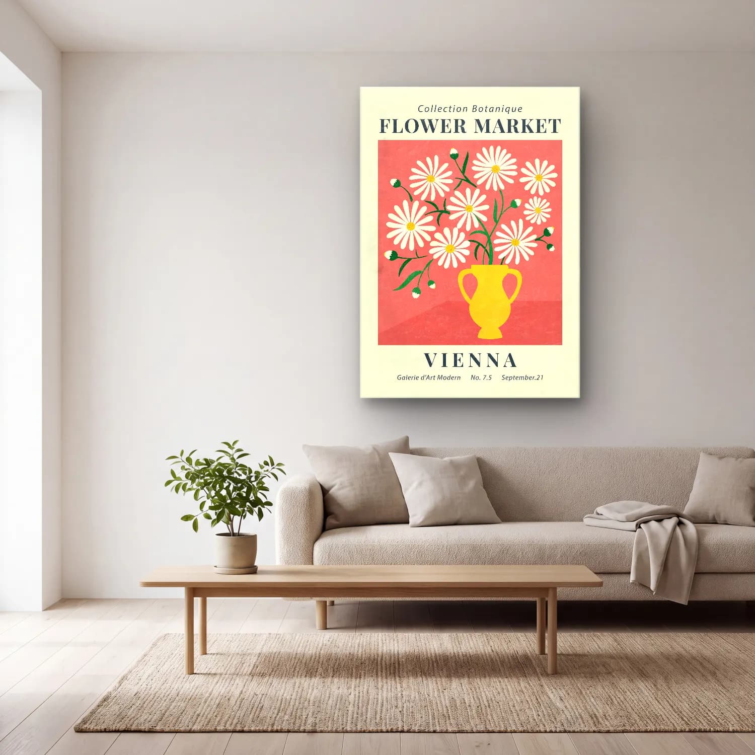Vintage Poster Çiçek Pazarı No. 8 cam tablo — açık renk salonda