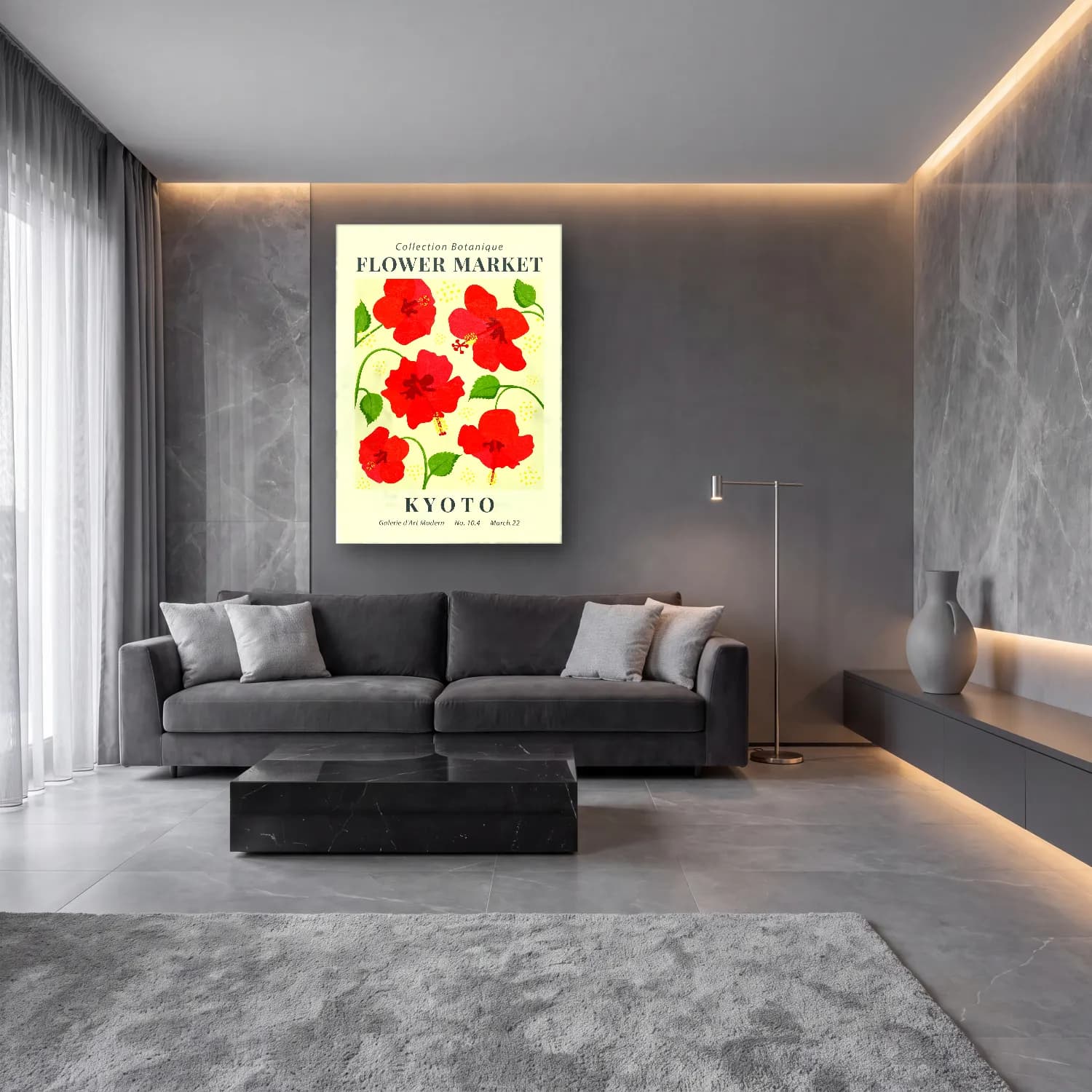 Vintage Poster Çiçek Pazarı – Kırmızı Tonlar cam tablo — lüks salon duvarında