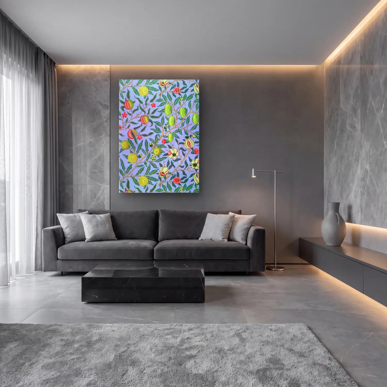 Maksimalist Çiçek Deseni No. 104 cam tablo — lüks salon duvarında