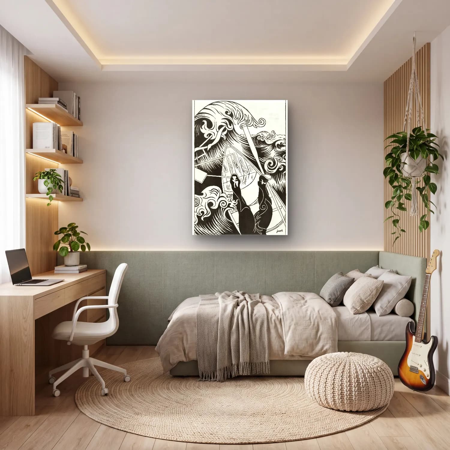Siyah Beyaz Fırtınalı Denizde Gemi No. 5 cam tablo — genç odasında