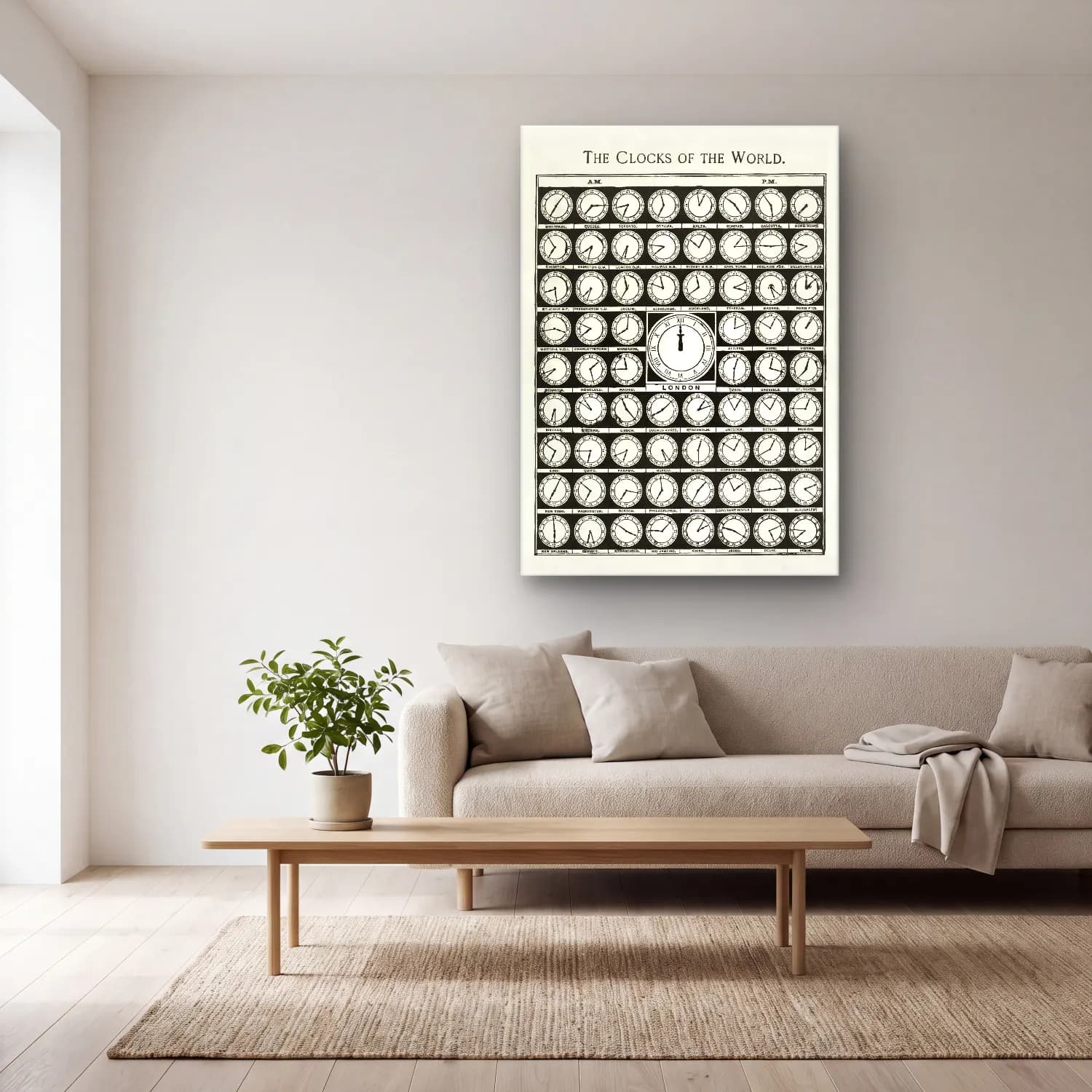 Bauhaus Saat cam tablo — açık renk salonda