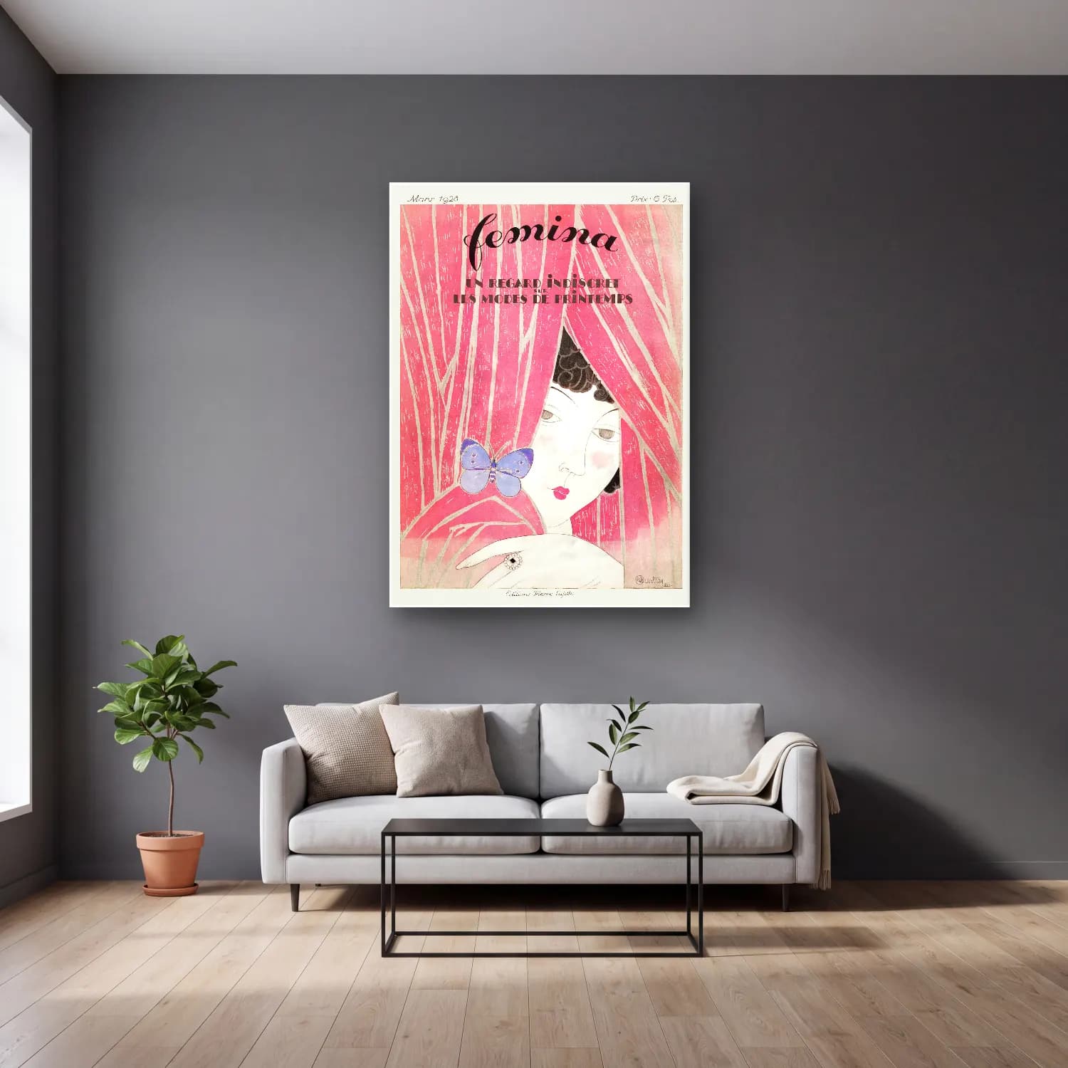 Vintage Poster Elbiseli Kadın No. 59 cam tablo — gri duvarlı salonda