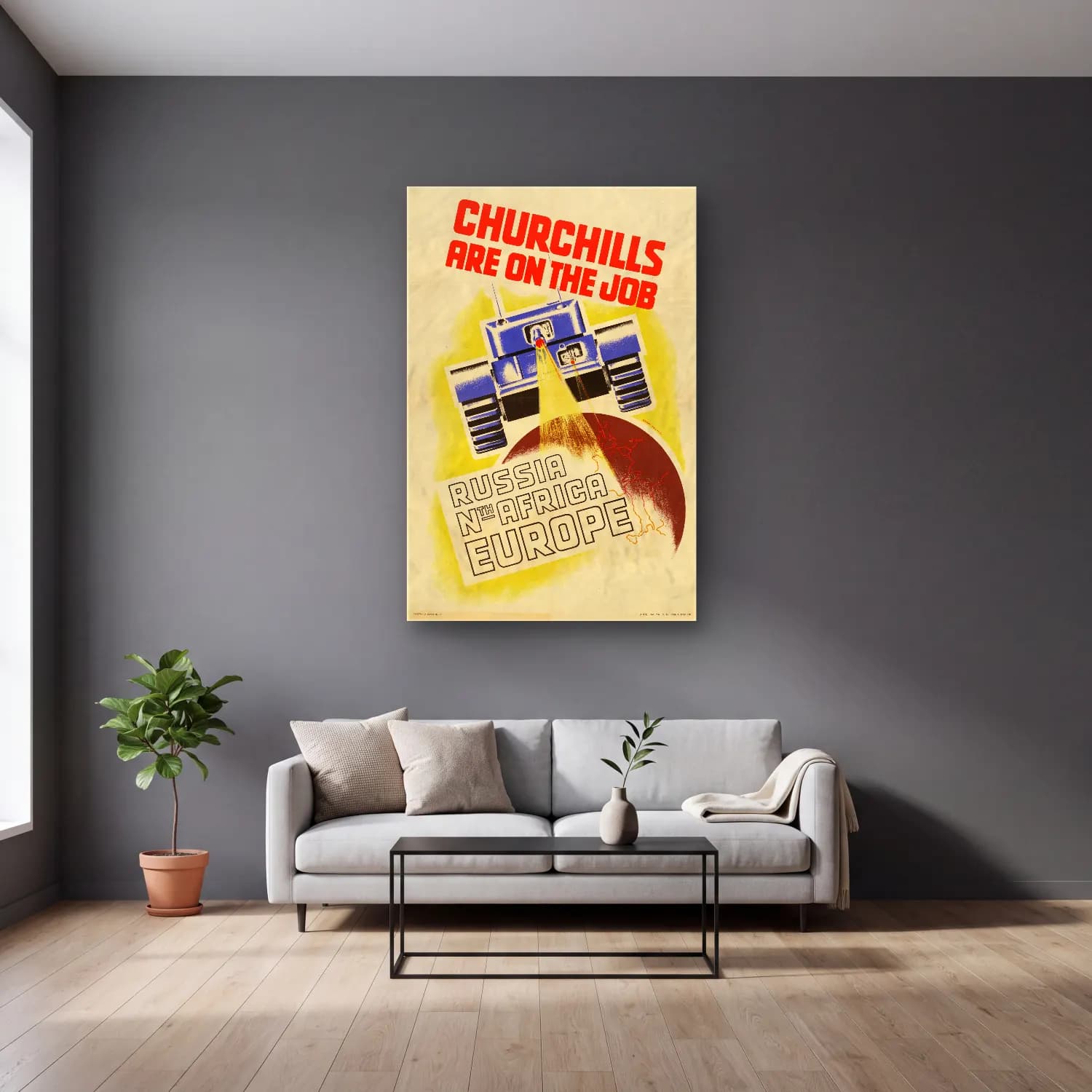 Vintage Poster Astronot – Turuncu Tonlar cam tablo — gri duvarlı salonda