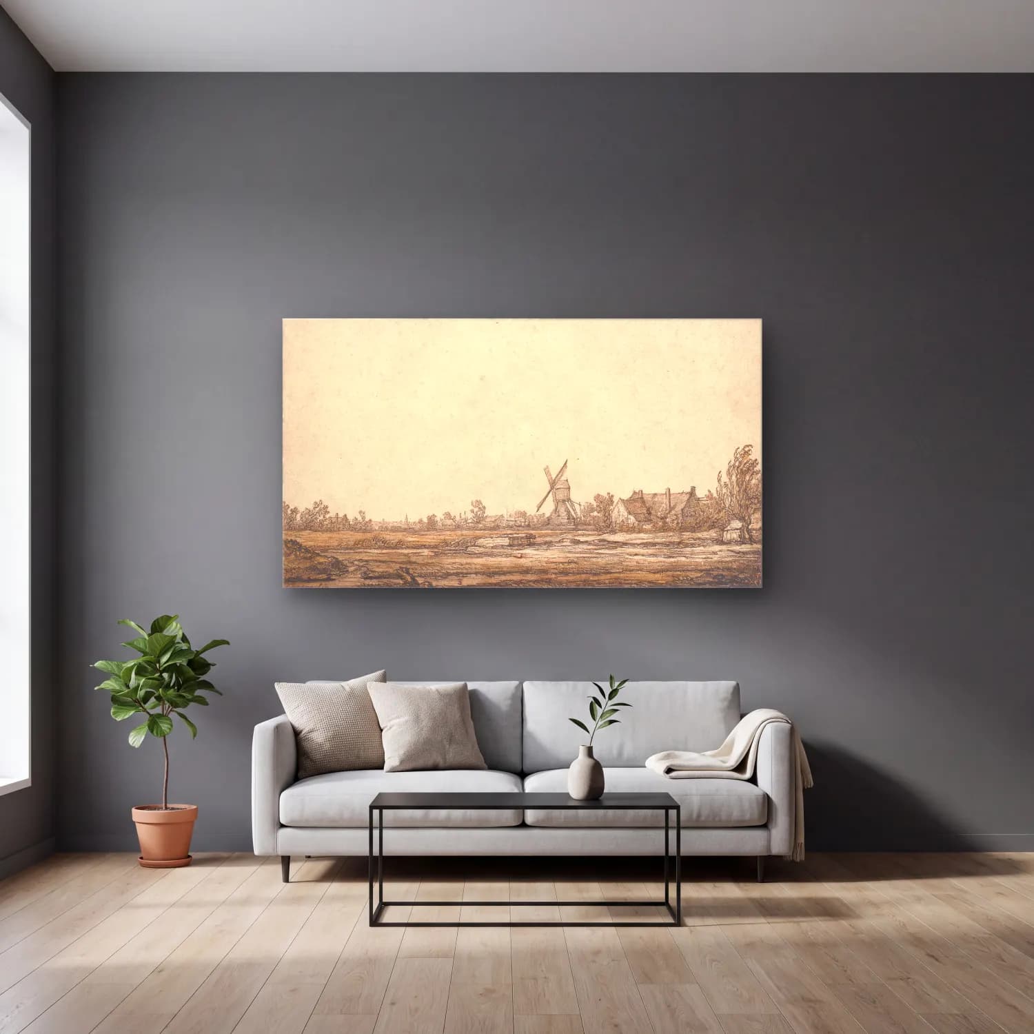 Aelbert Cuyp – Landskab med en mølle cam tablo — gri duvarlı salonda