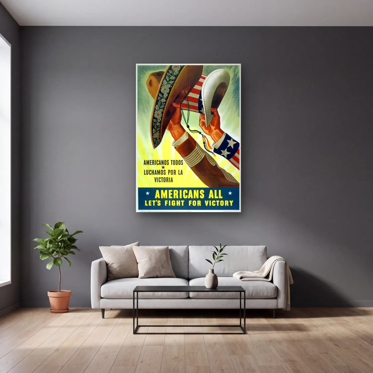 Vintage Poster Şapkalı Kadın No. 25 cam tablo — gri duvarlı salonda
