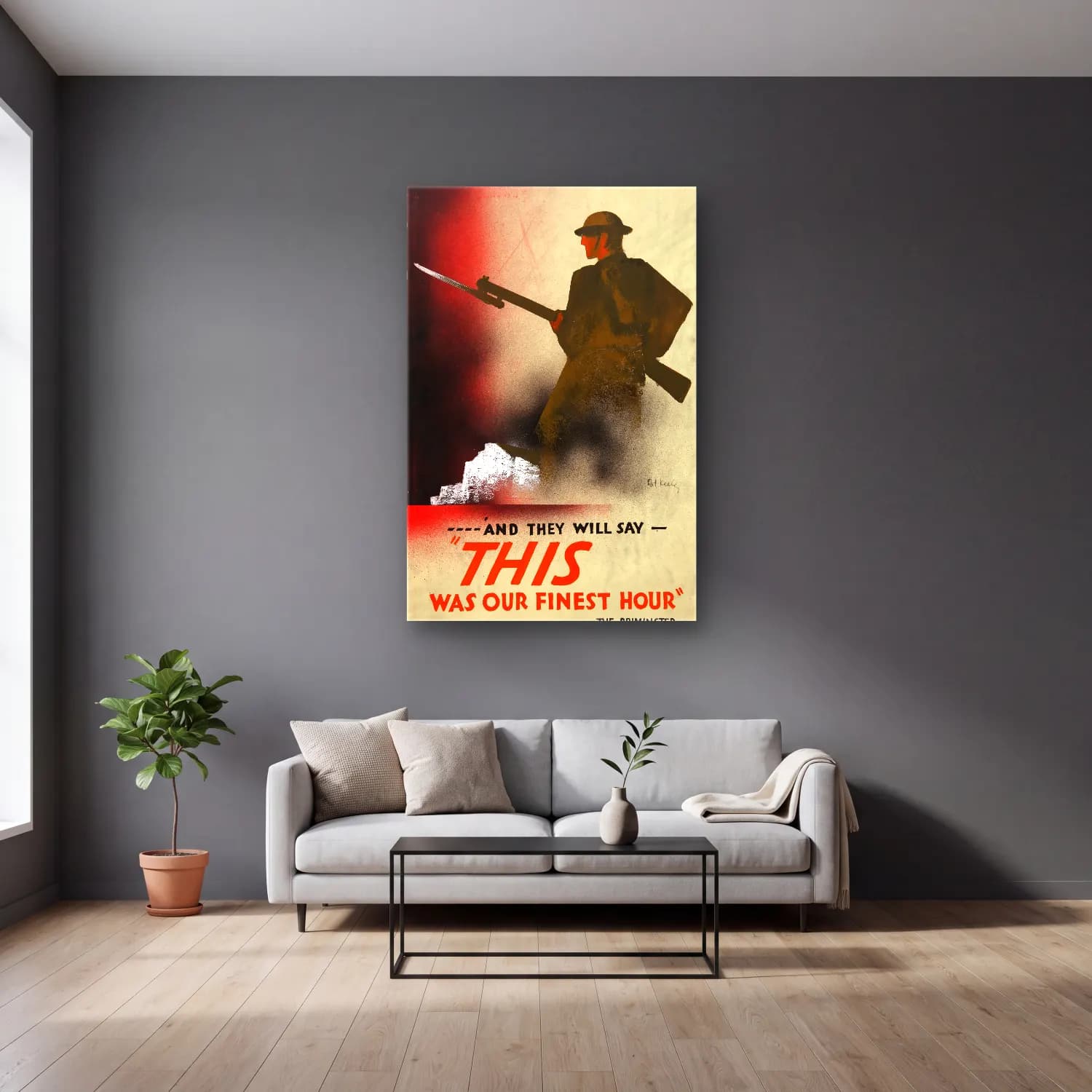 Vintage Poster Şövalye No. 16 cam tablo — gri duvarlı salonda