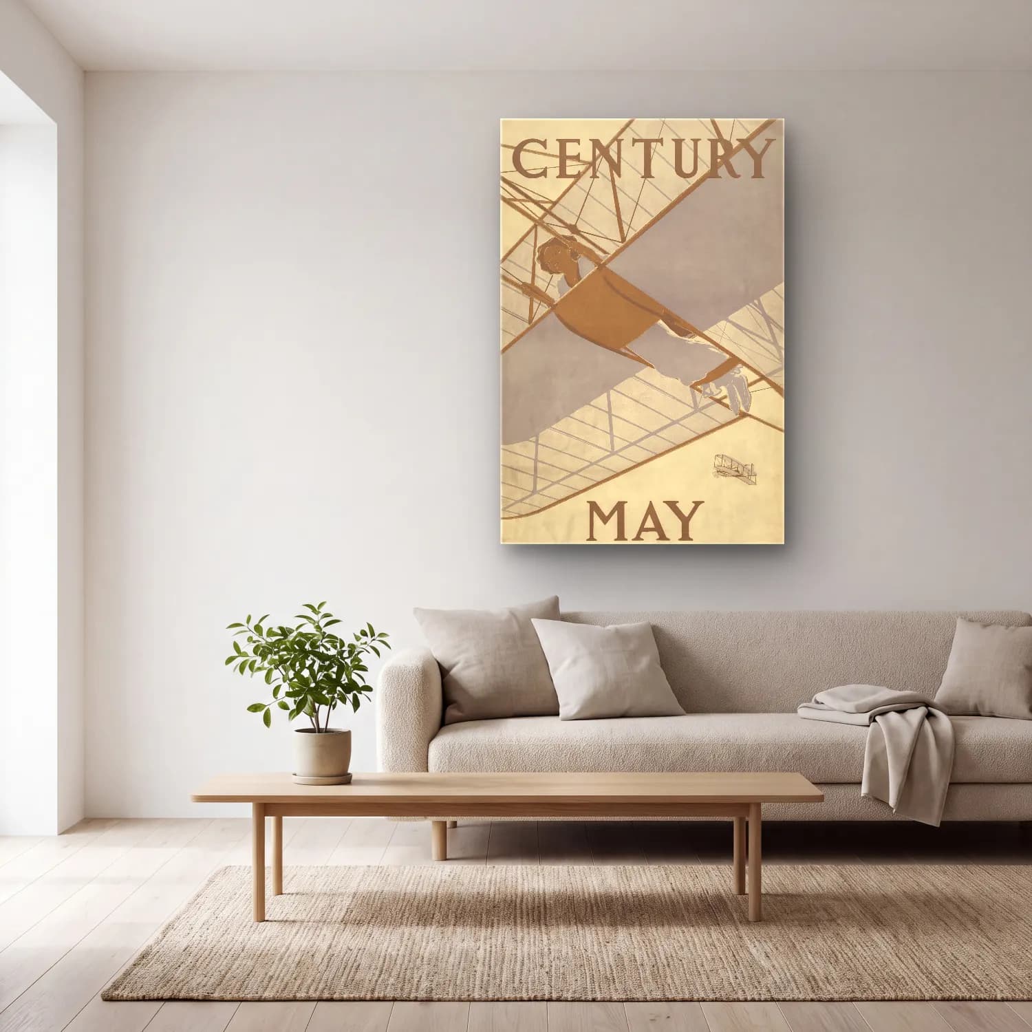 Vintage Poster Uçak – Bej Tonlar cam tablo — açık renk salonda