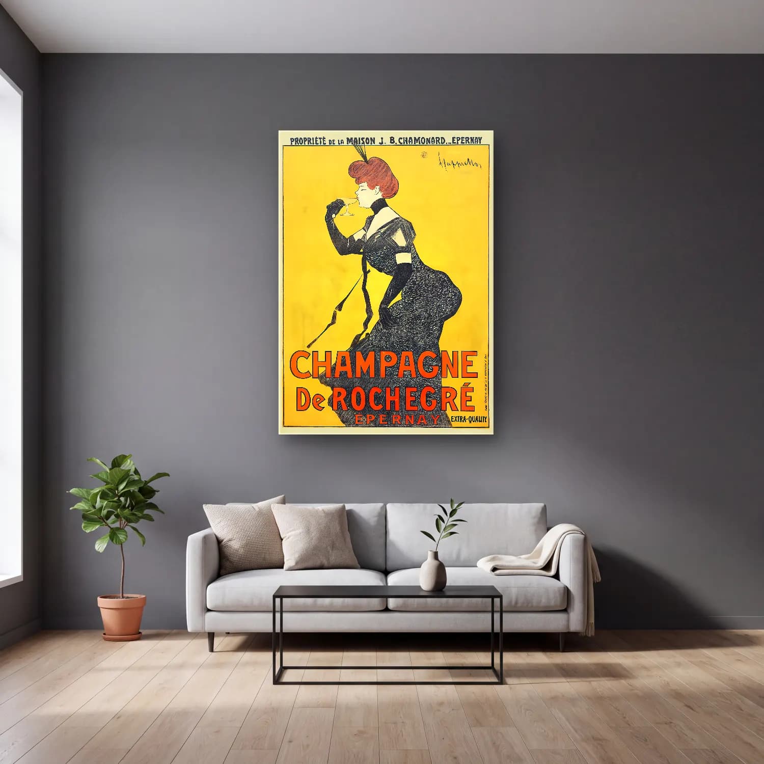 Vintage Poster Şampanya No. 6 cam tablo — gri duvarlı salonda