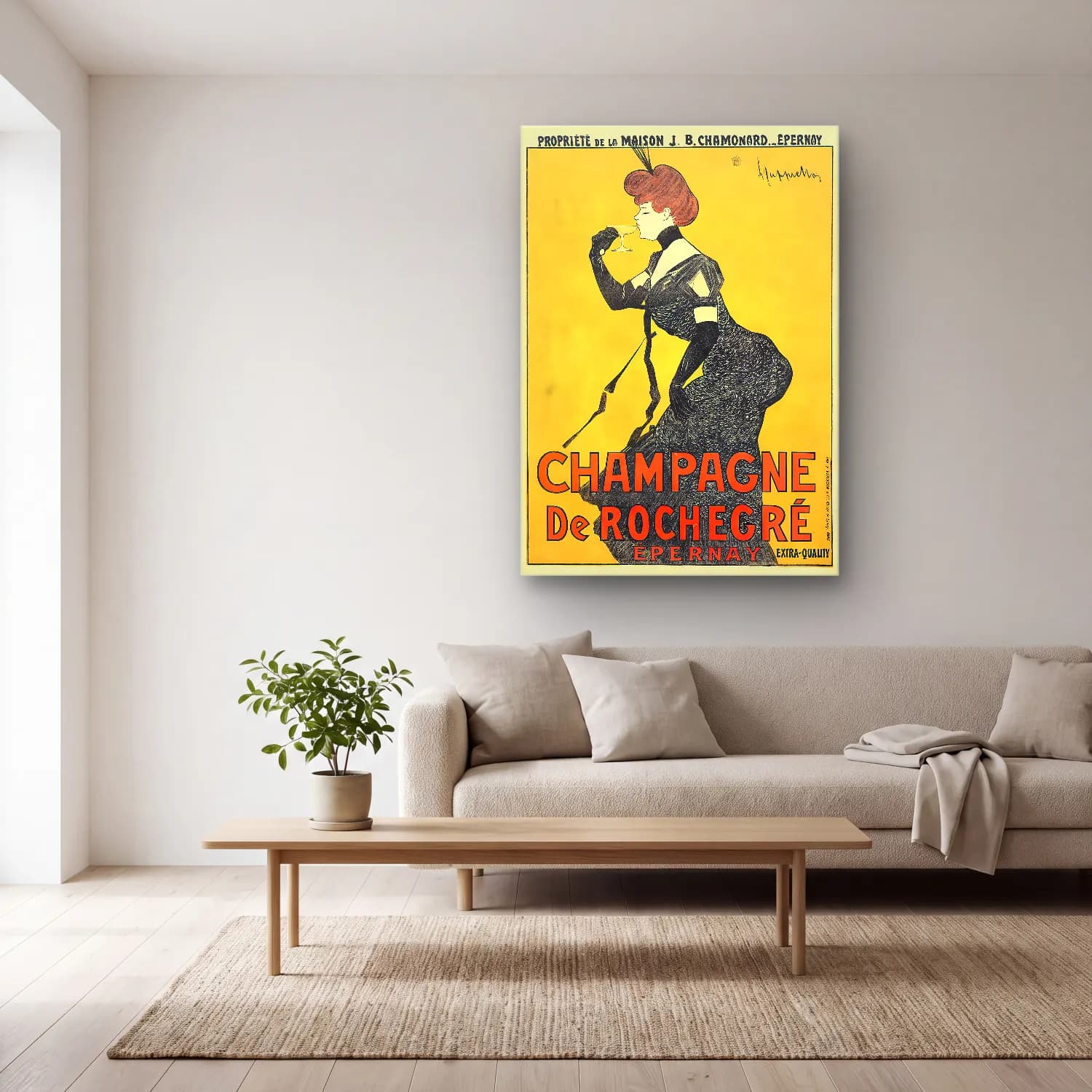 Vintage Poster Şampanya No. 6 cam tablo — açık renk salonda