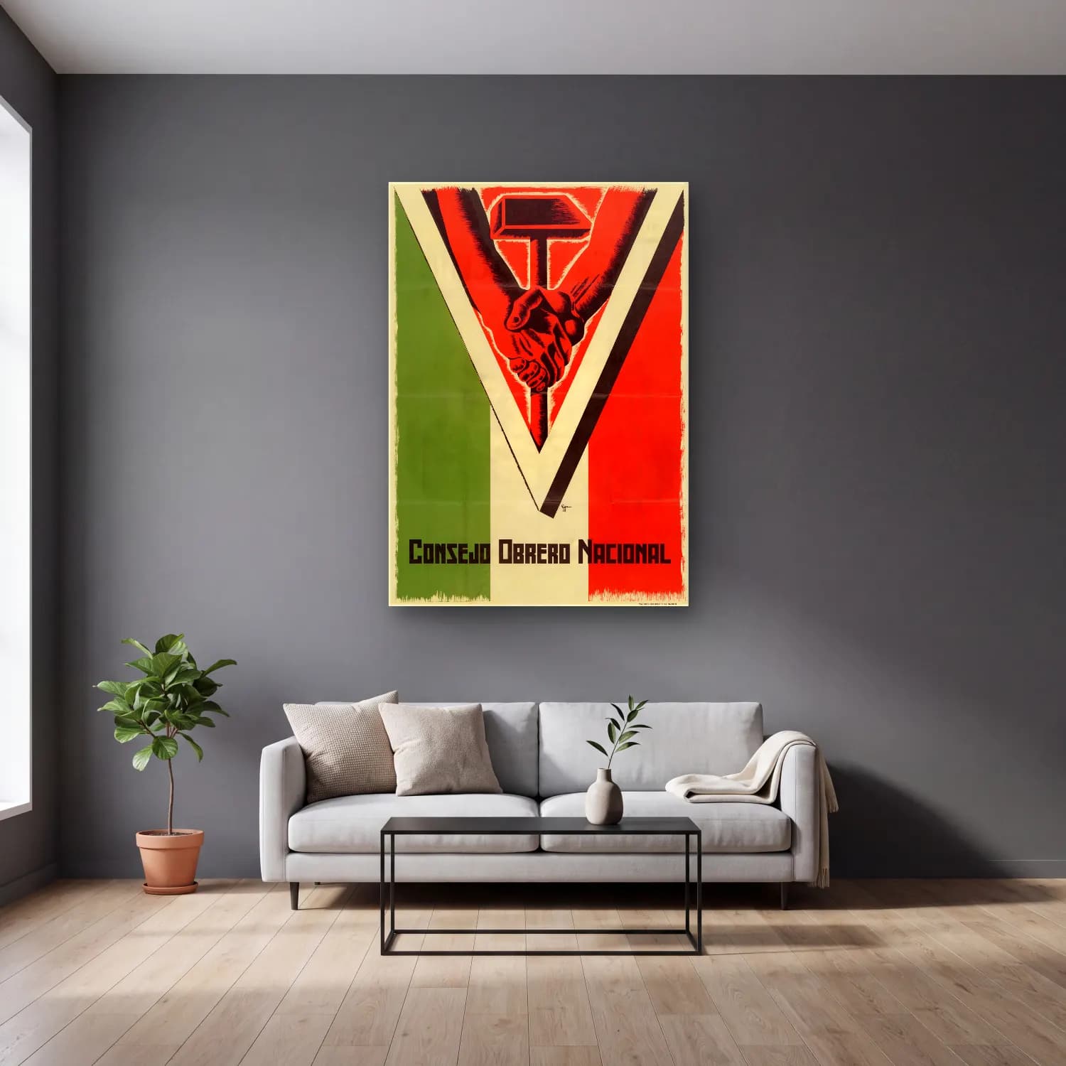 Vintage Poster Eller No. 5 cam tablo — gri duvarlı salonda