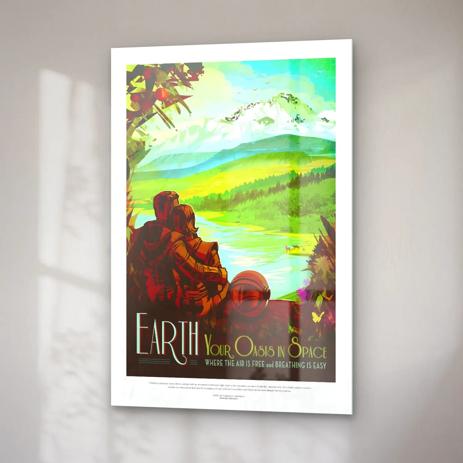 Vintage Poster Astronot – Yeşil Tonlar cam tablo — sağ açıdan görünüm