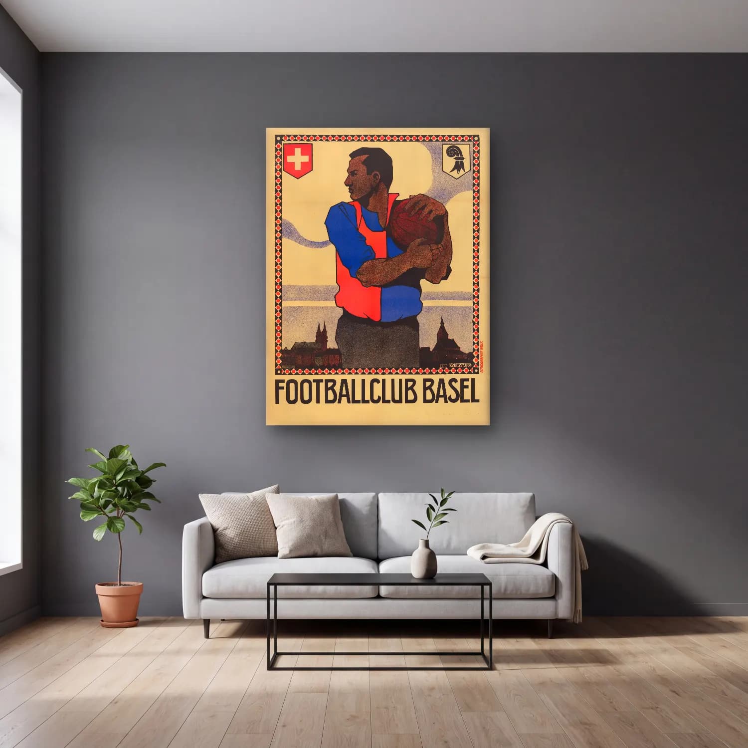 Vintage Poster Erkek Portresi No. 34 cam tablo — gri duvarlı salonda