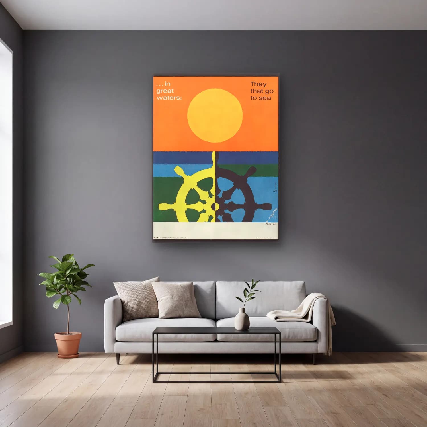 Vintage Poster Güneş ve Gökkuşağı No. 5 cam tablo — gri duvarlı salonda
