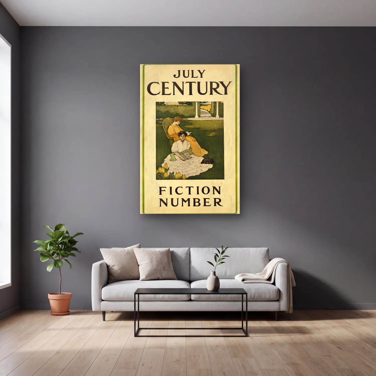 Vintage Poster Kitap Okuyan Kadın No. 24 cam tablo — gri duvarlı salonda