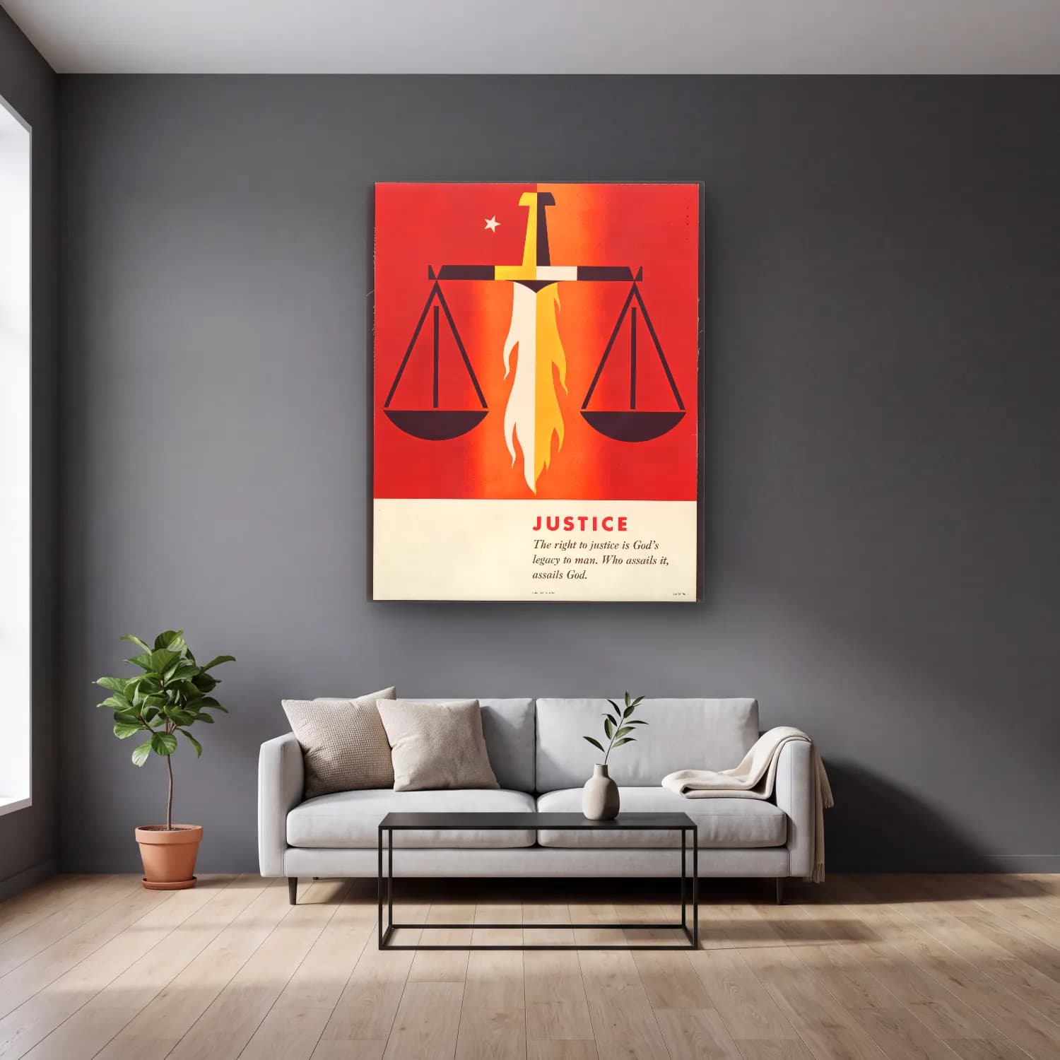 Vintage Poster Yazılı Tasarım No. 83 cam tablo — gri duvarlı salonda