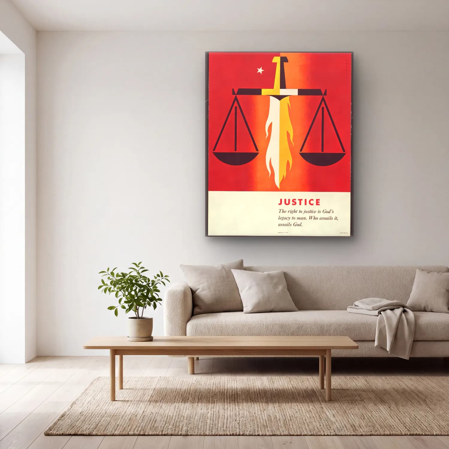 Vintage Poster Yazılı Tasarım No. 83 cam tablo — açık renk salonda
