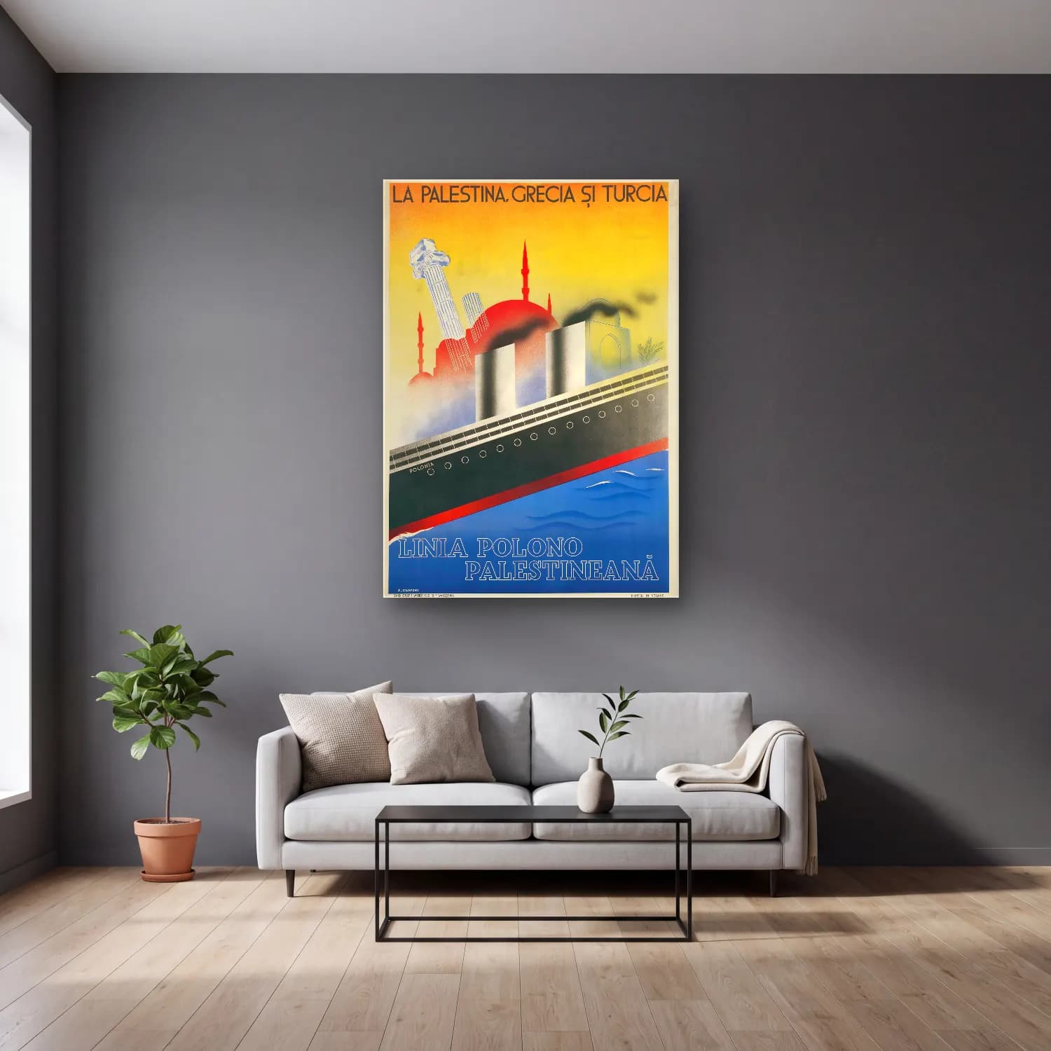 Vintage Poster İstanbul – Kırmızı Tonlar cam tablo — gri duvarlı salonda