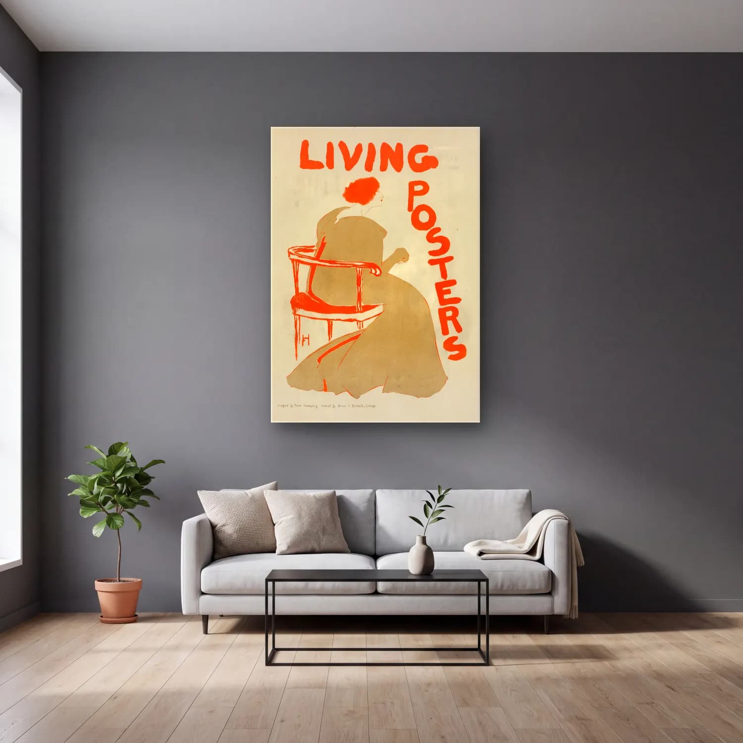 Vintage Poster Elbiseli Kadın No. 61 cam tablo — gri duvarlı salonda