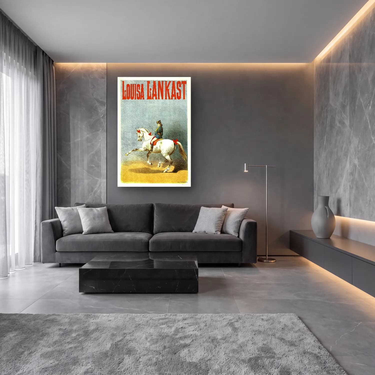 Vintage Poster Atlı No. 9 cam tablo — lüks salon duvarında