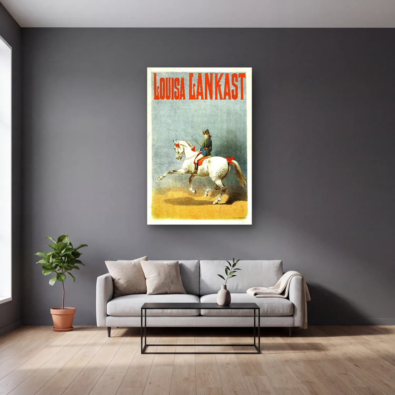 Vintage Poster Atlı No. 9 cam tablo — gri duvarlı salonda