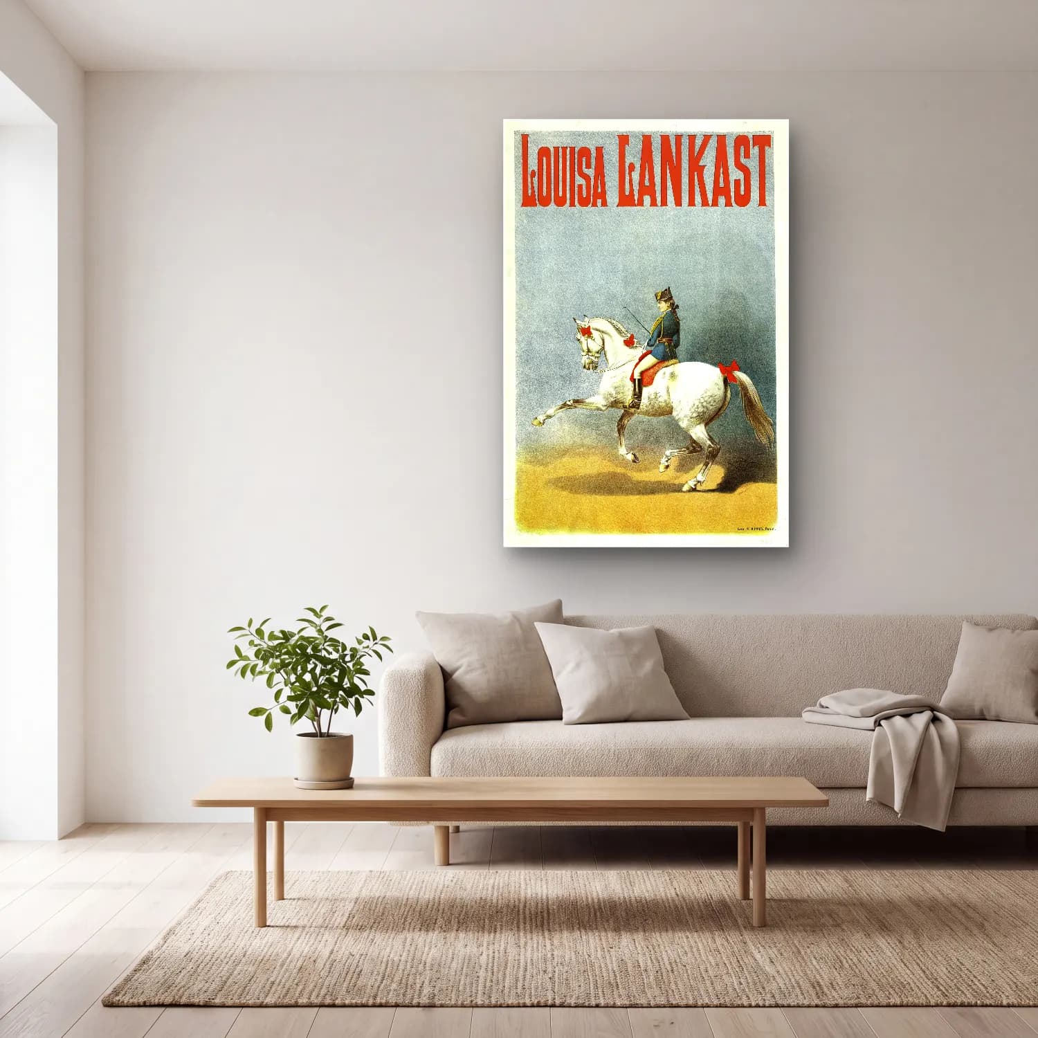 Vintage Poster Atlı No. 9 cam tablo — açık renk salonda