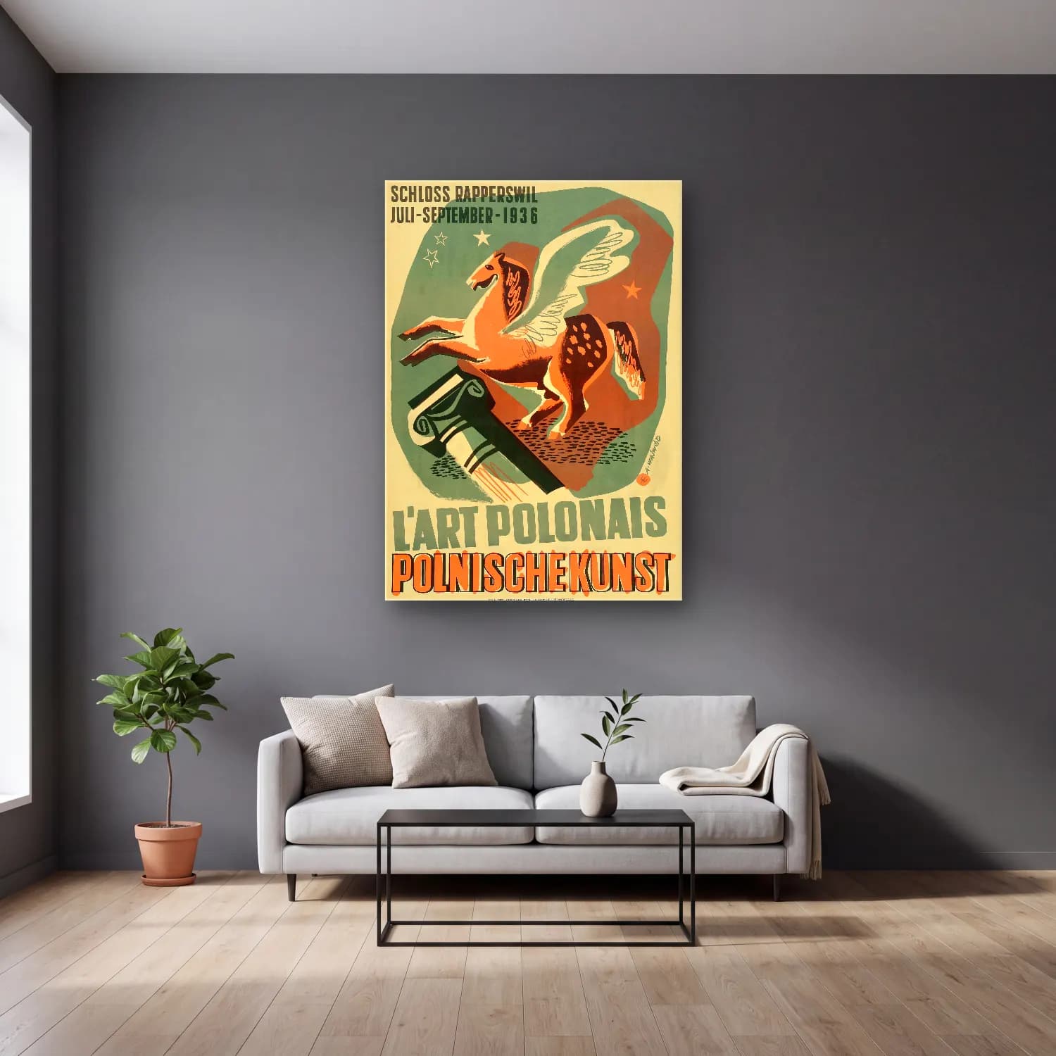 Vintage Poster Atlı No. 10 cam tablo — gri duvarlı salonda