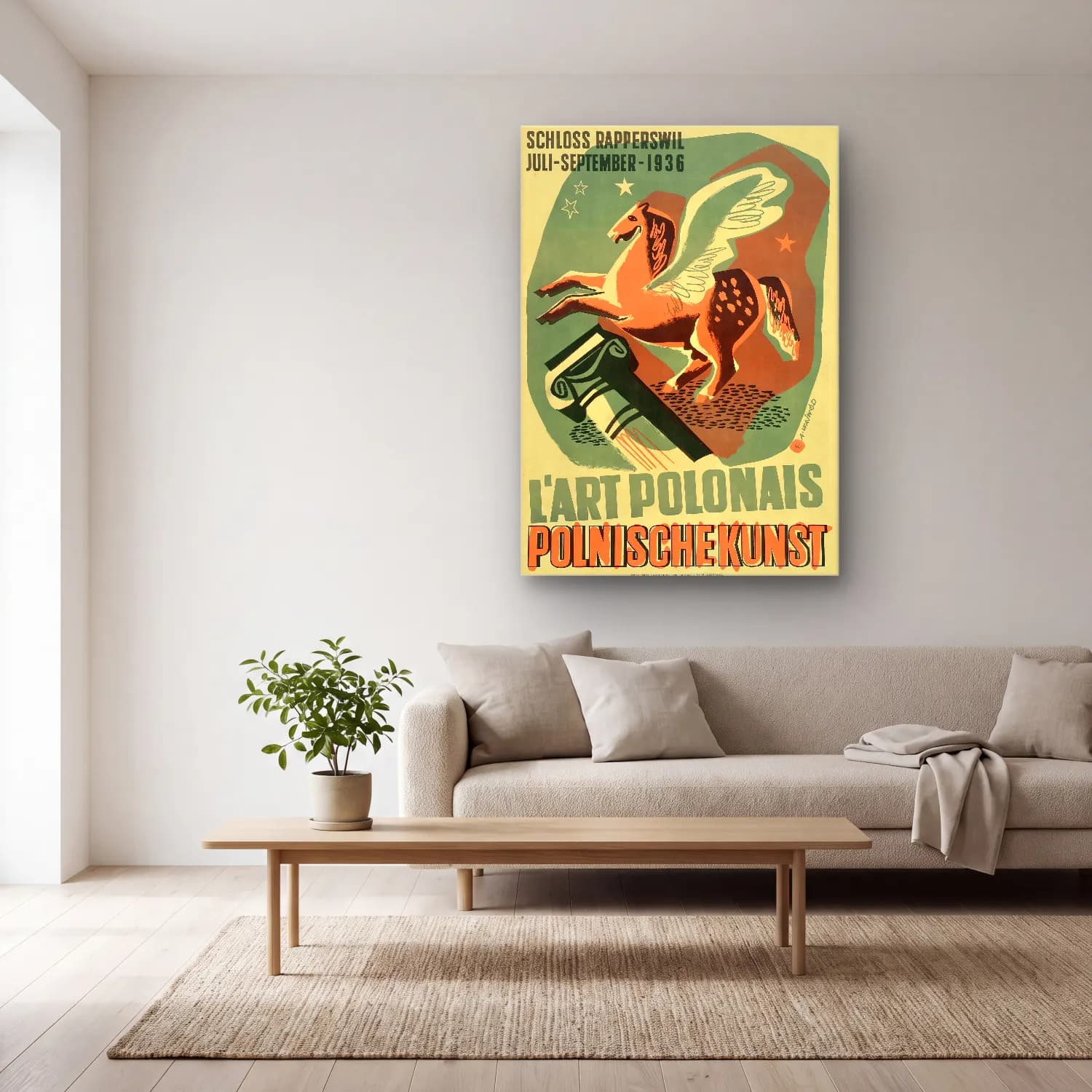 Vintage Poster Atlı No. 10 cam tablo — açık renk salonda