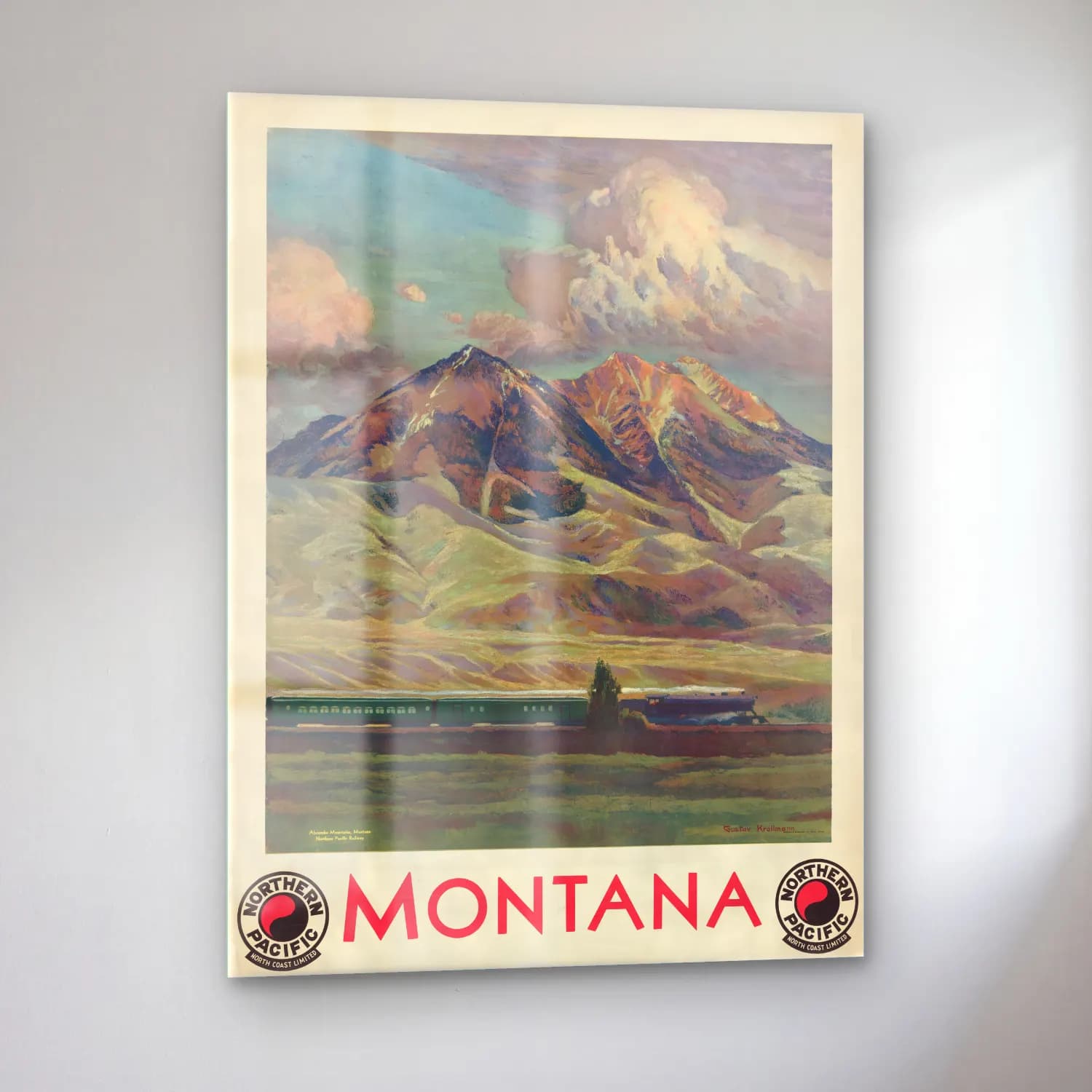 Vintage Poster Tren – Yeşil Tonlar cam tablo — sol açıdan görünüm