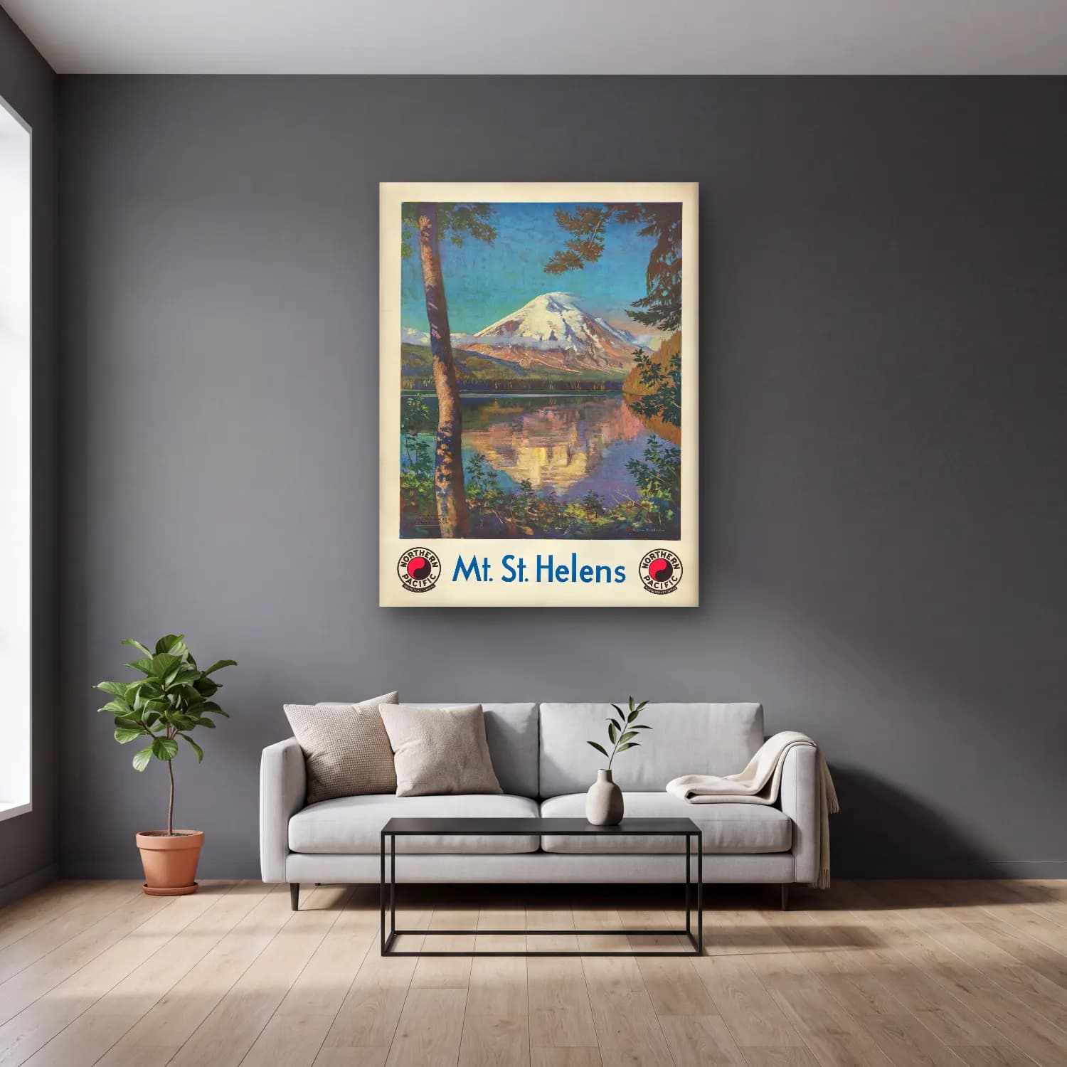 Vintage Poster Göl ve Dağlar No. 8 cam tablo — gri duvarlı salonda