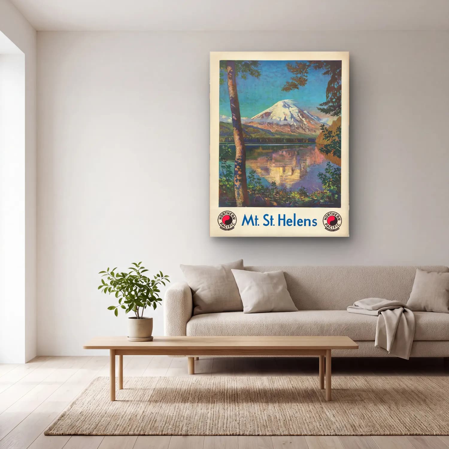 Vintage Poster Göl ve Dağlar No. 8 cam tablo — açık renk salonda