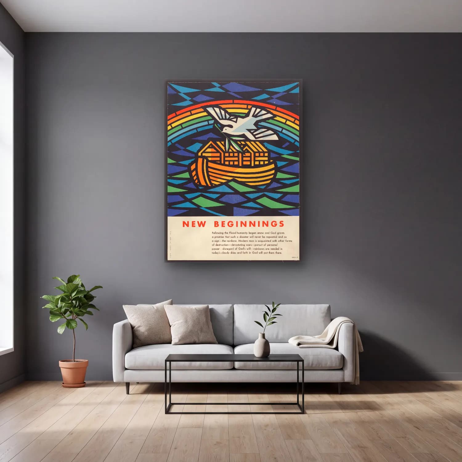 Vintage Poster Katedral No. 15 cam tablo — gri duvarlı salonda