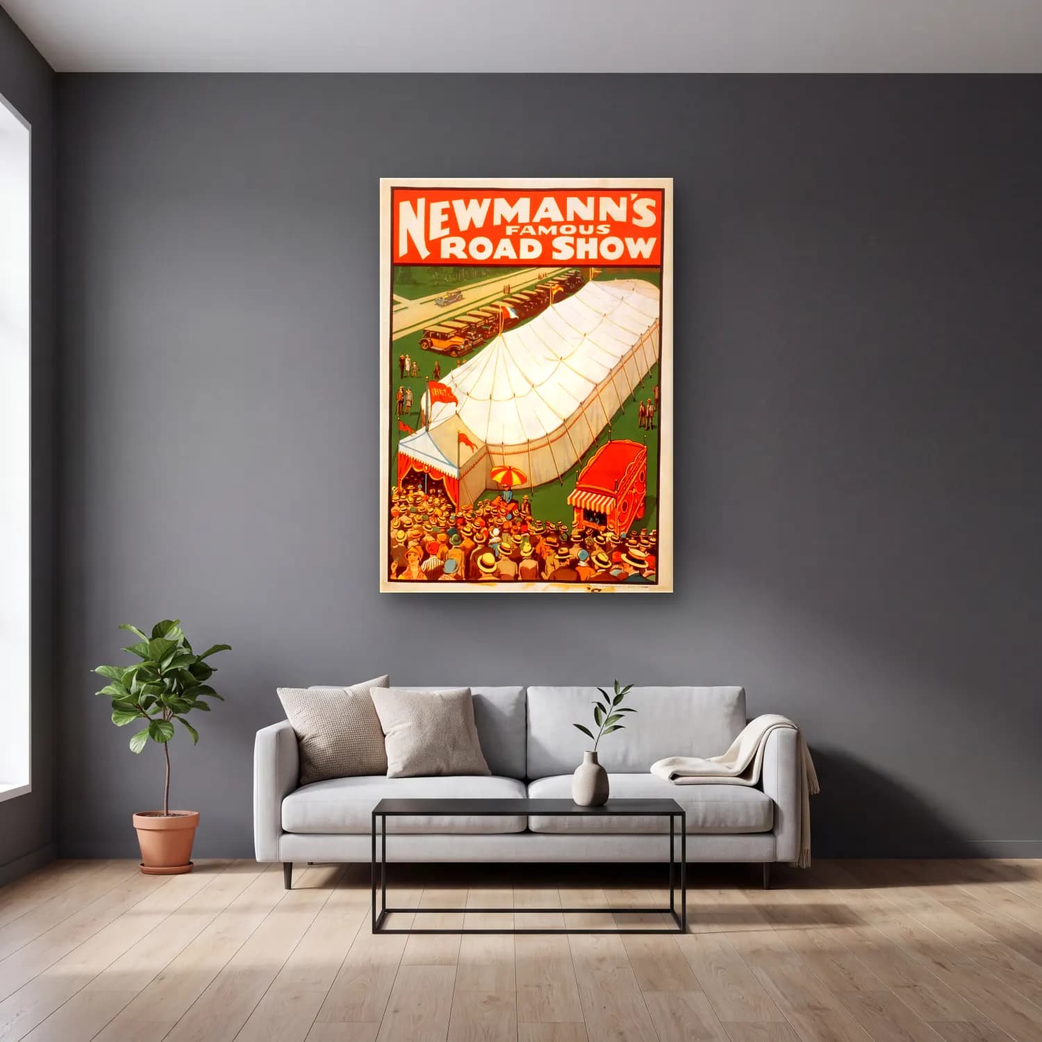 Vintage Poster Klasik Araba No. 5 cam tablo — gri duvarlı salonda