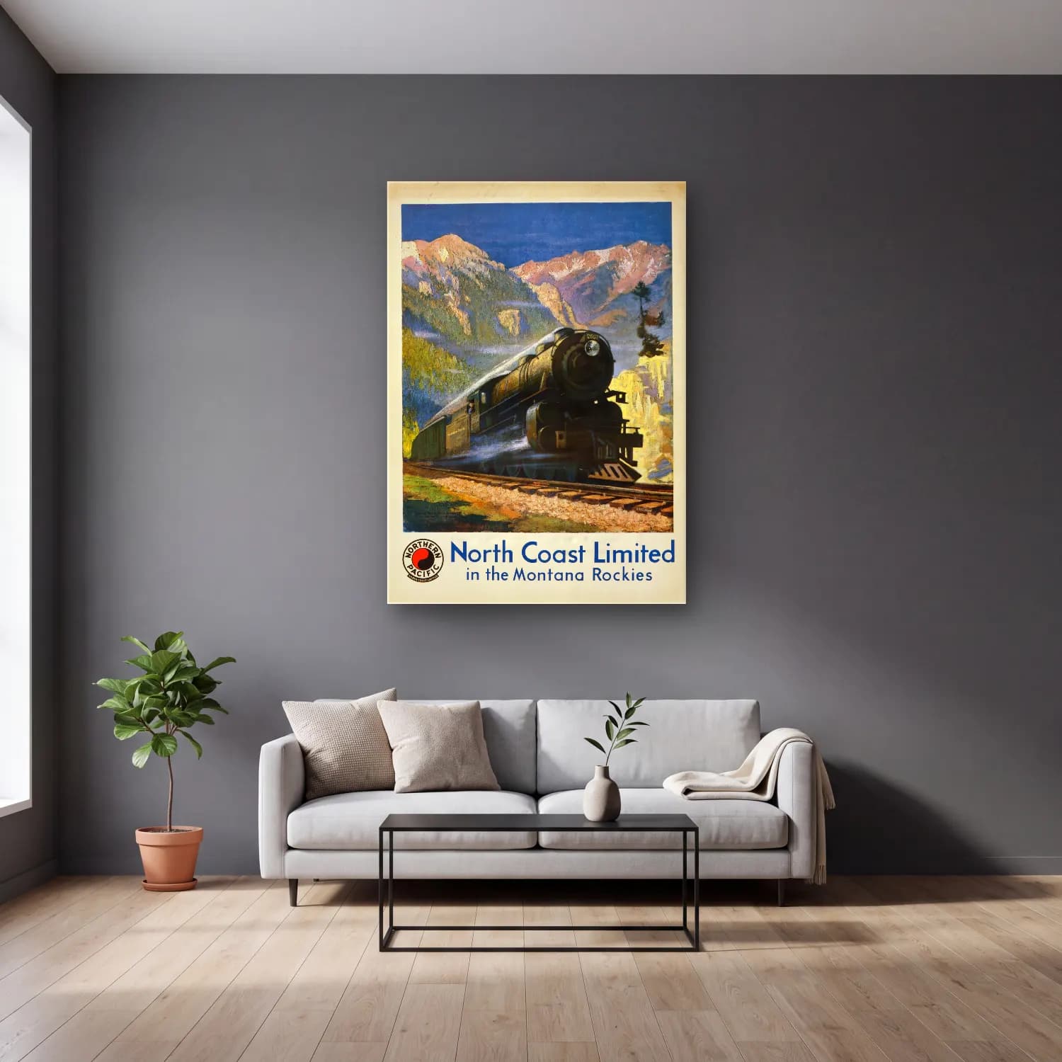 Vintage Poster Tren No. 7 cam tablo — gri duvarlı salonda
