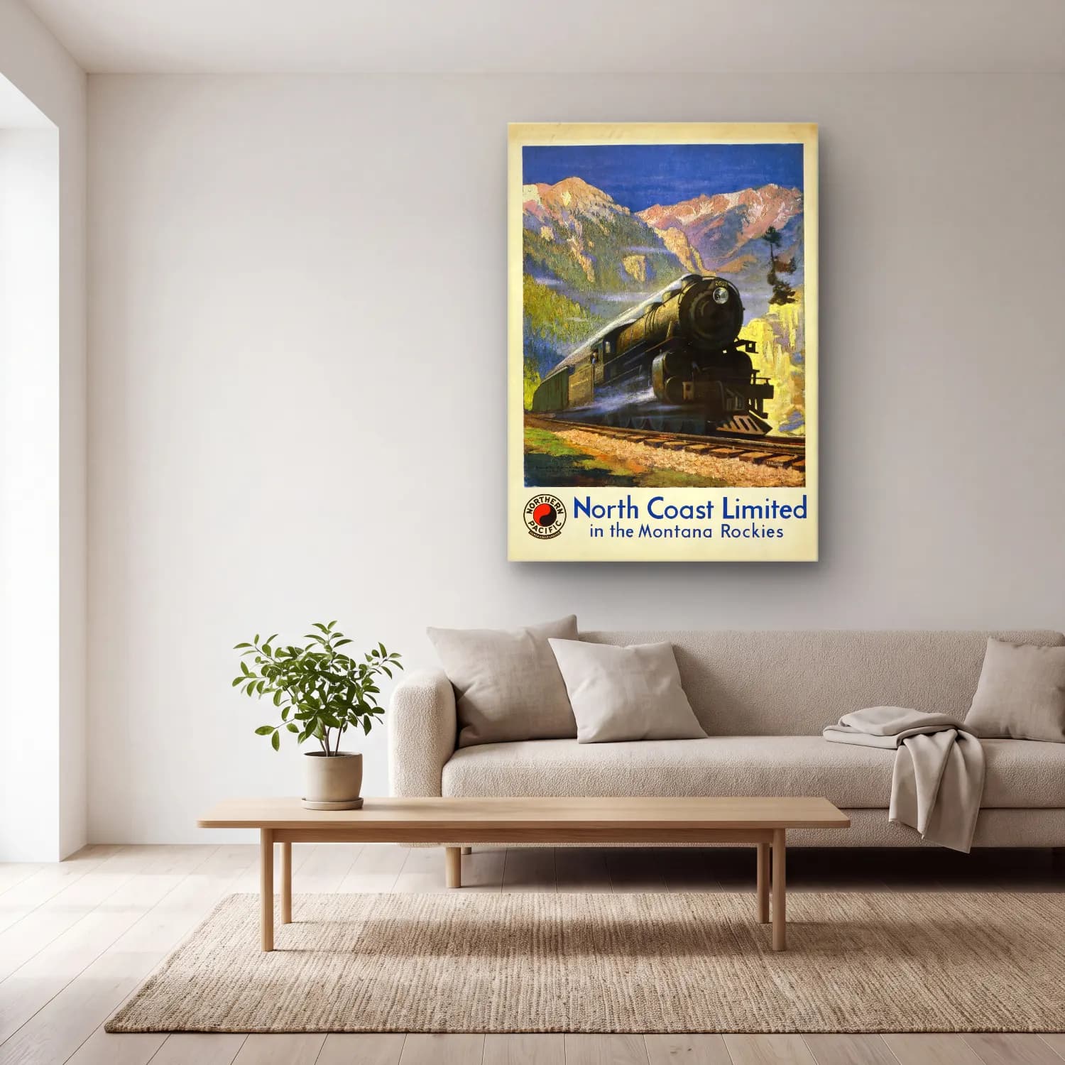 Vintage Poster Tren No. 7 cam tablo — açık renk salonda