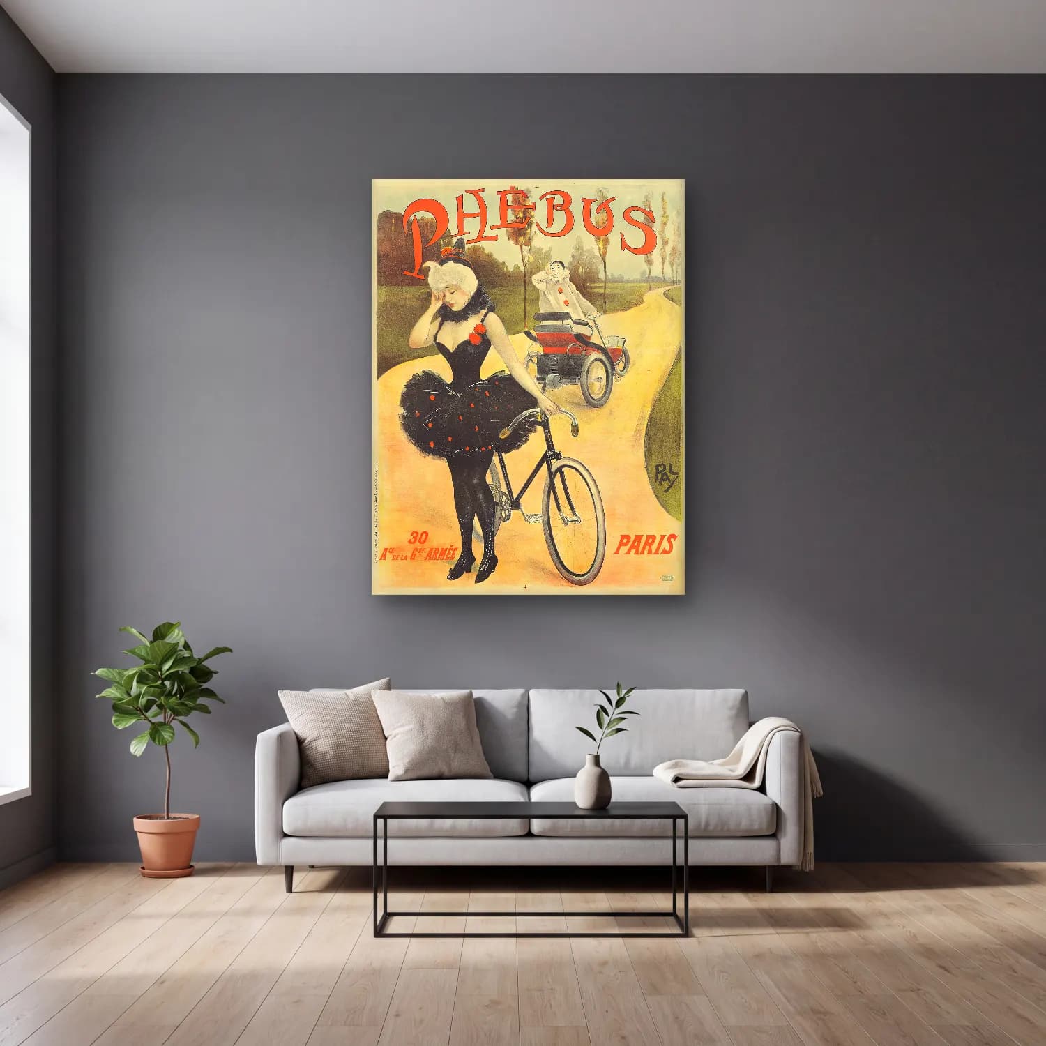 Vintage Poster Bisiklet No. 9 cam tablo — gri duvarlı salonda