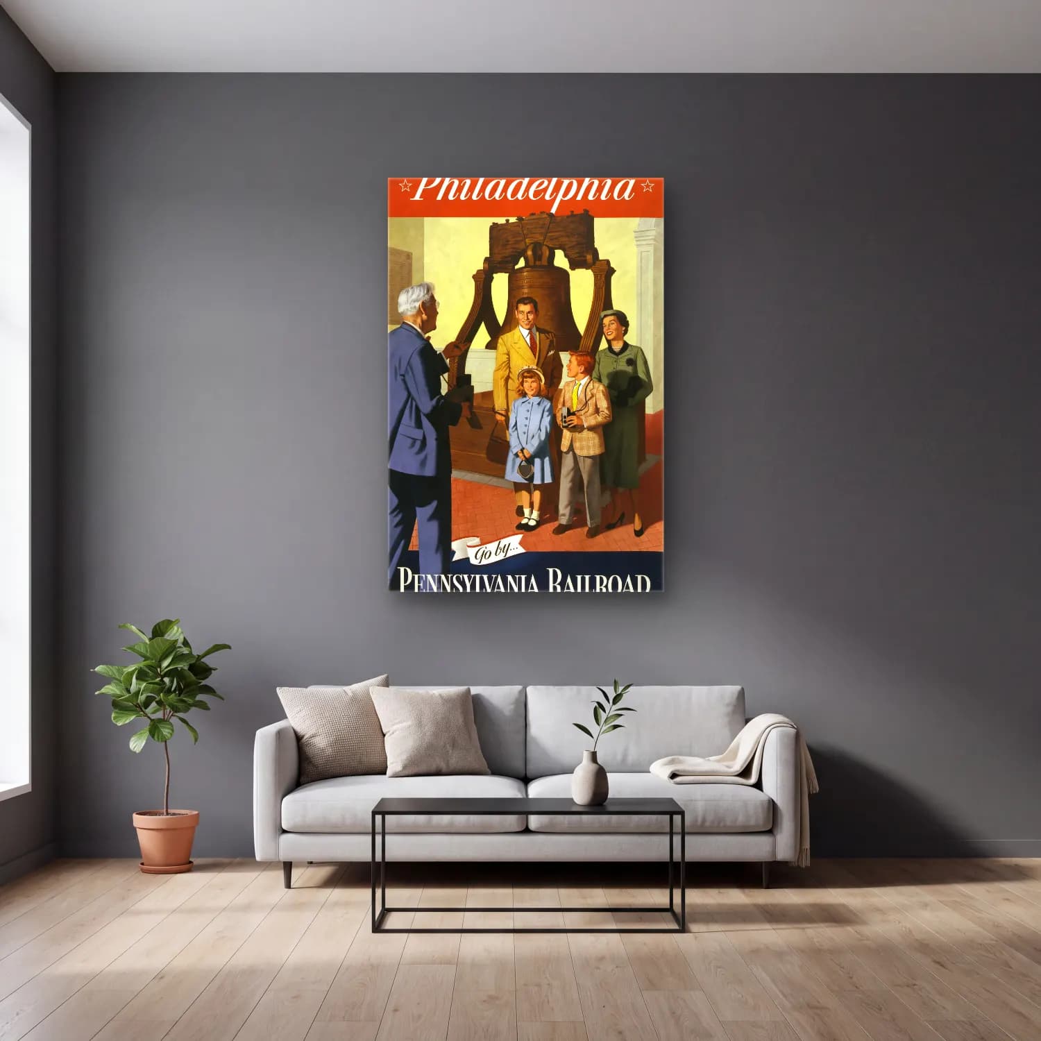 Vintage Poster Dini Sahne No. 7 cam tablo — gri duvarlı salonda