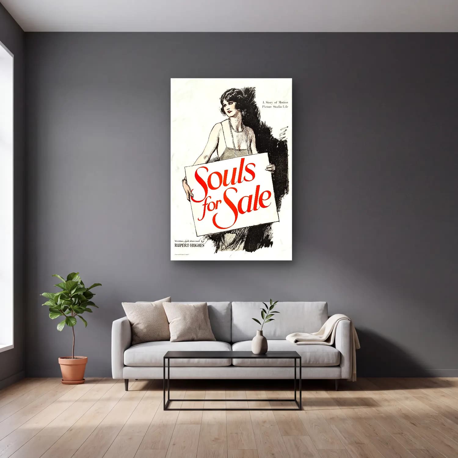 Vintage Poster Kitap Okuyan Kadın No. 25 cam tablo — gri duvarlı salonda