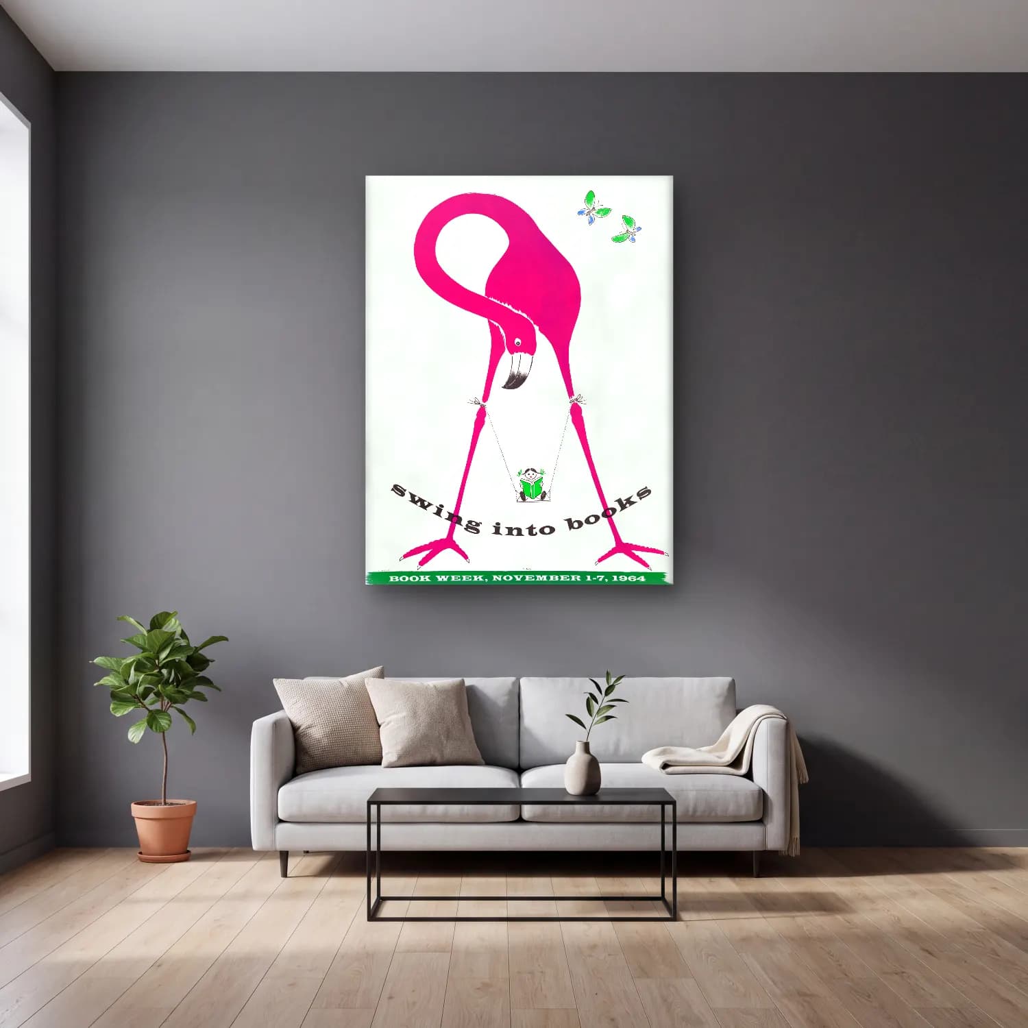 Vintage Poster Flamingo – Pembe Tonlar cam tablo — gri duvarlı salonda