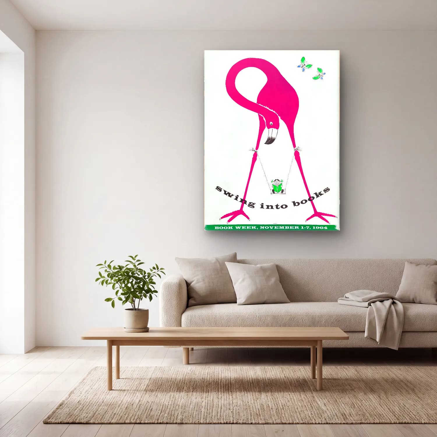 Vintage Poster Flamingo – Pembe Tonlar cam tablo — açık renk salonda