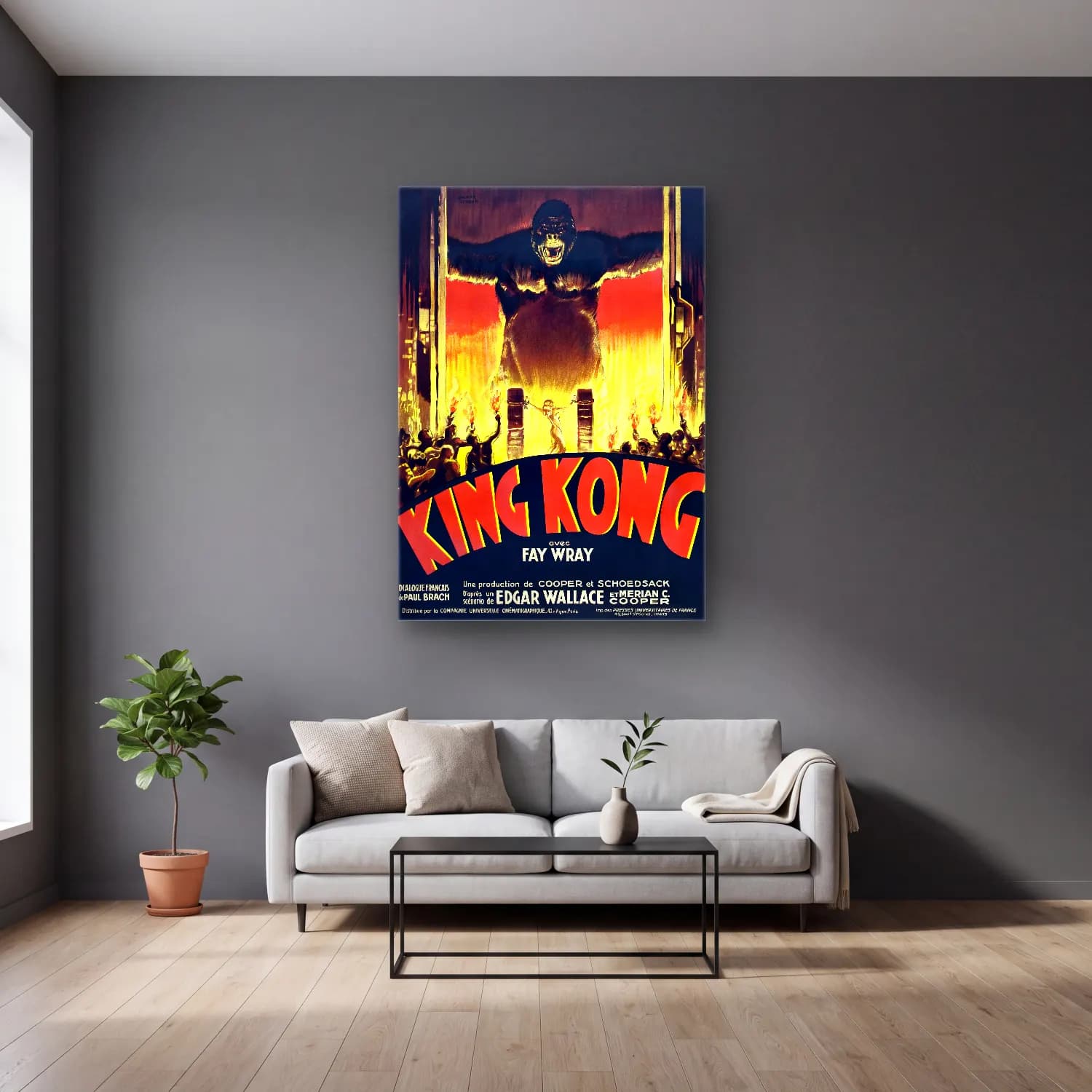Vintage Poster Mitolojik Sahne No. 15 cam tablo — gri duvarlı salonda