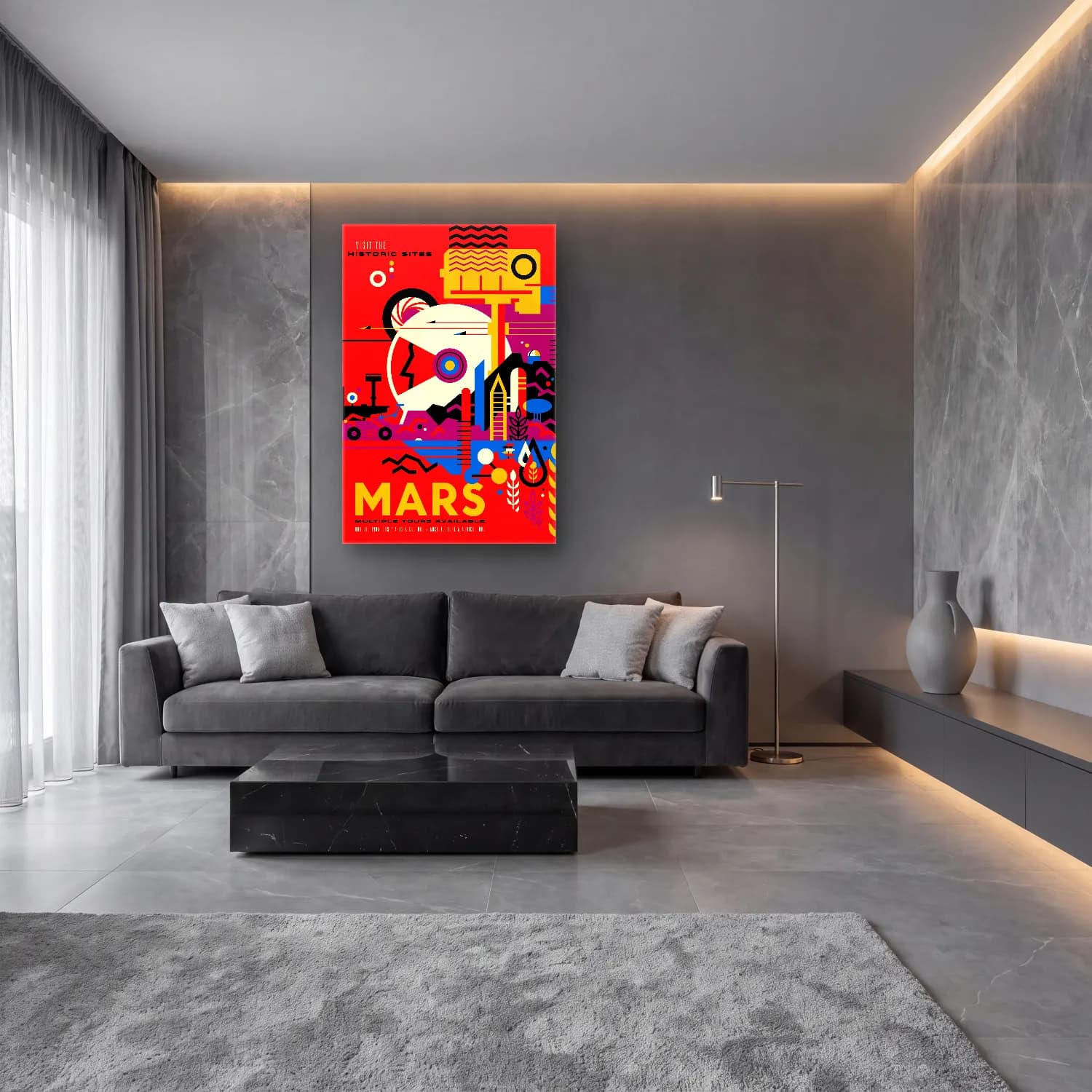 Maksimalist Astronot – Turuncu Tonlar cam tablo — lüks salon duvarında