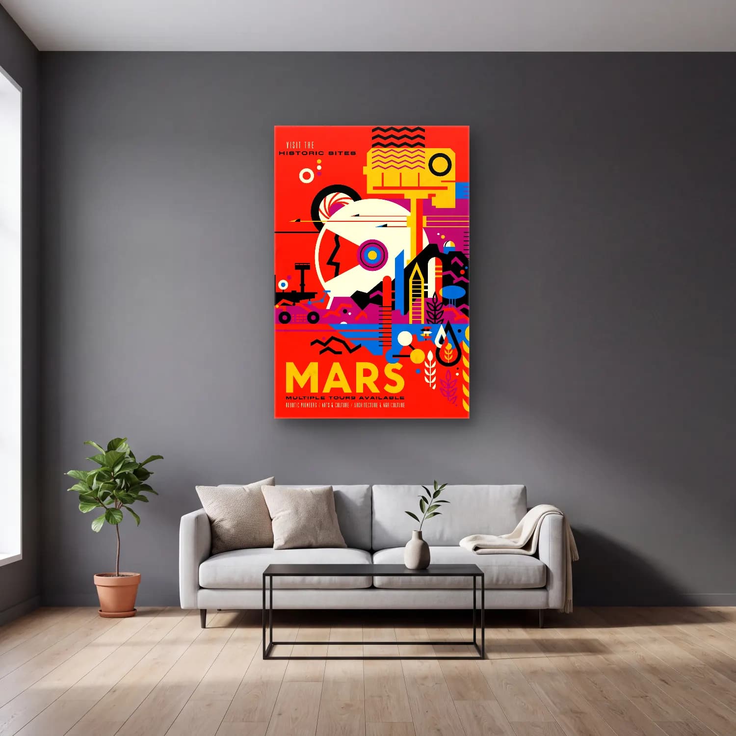 Maksimalist Astronot – Turuncu Tonlar cam tablo — gri duvarlı salonda